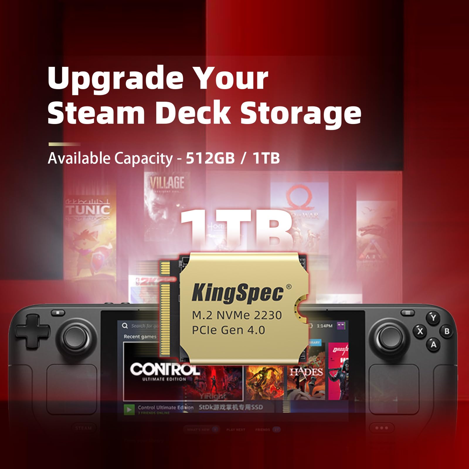 KingSpec 1TB M.2 2230 PCIe Gen4 NVMe SSD with Heatsink - Up to 5000MB/s High-Speed Internal Solid State Drive - Compatible with Steam Deck, ASUS ROG Ally, Surface Pro & Laptops - Perfect for Gaming, Video Editing & Fast Boot Times
