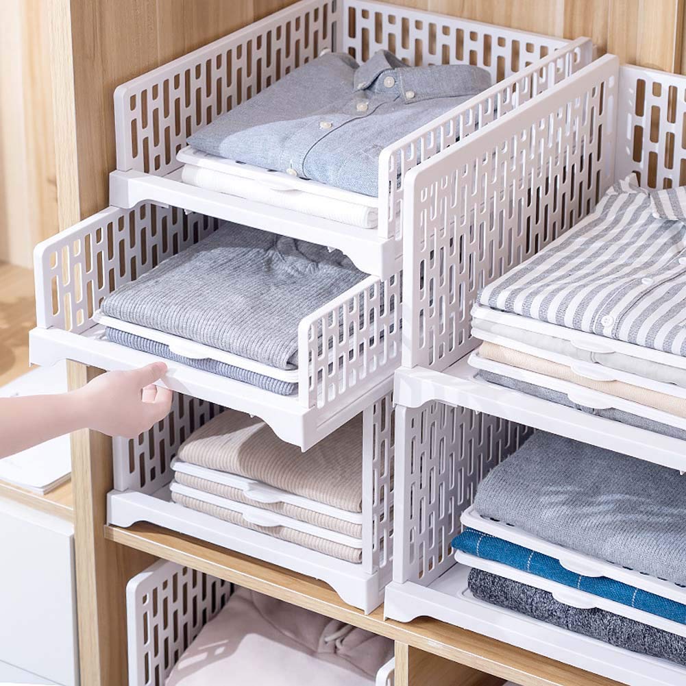 2-Pack Stackable Plastic Wardrobe Drawer Organizers - White Closet Storage Boxes with Dividers for Clothes, Toys & Snacks | Space-Saving Shelves for Bedroom, Kids Room & Dorm Organization