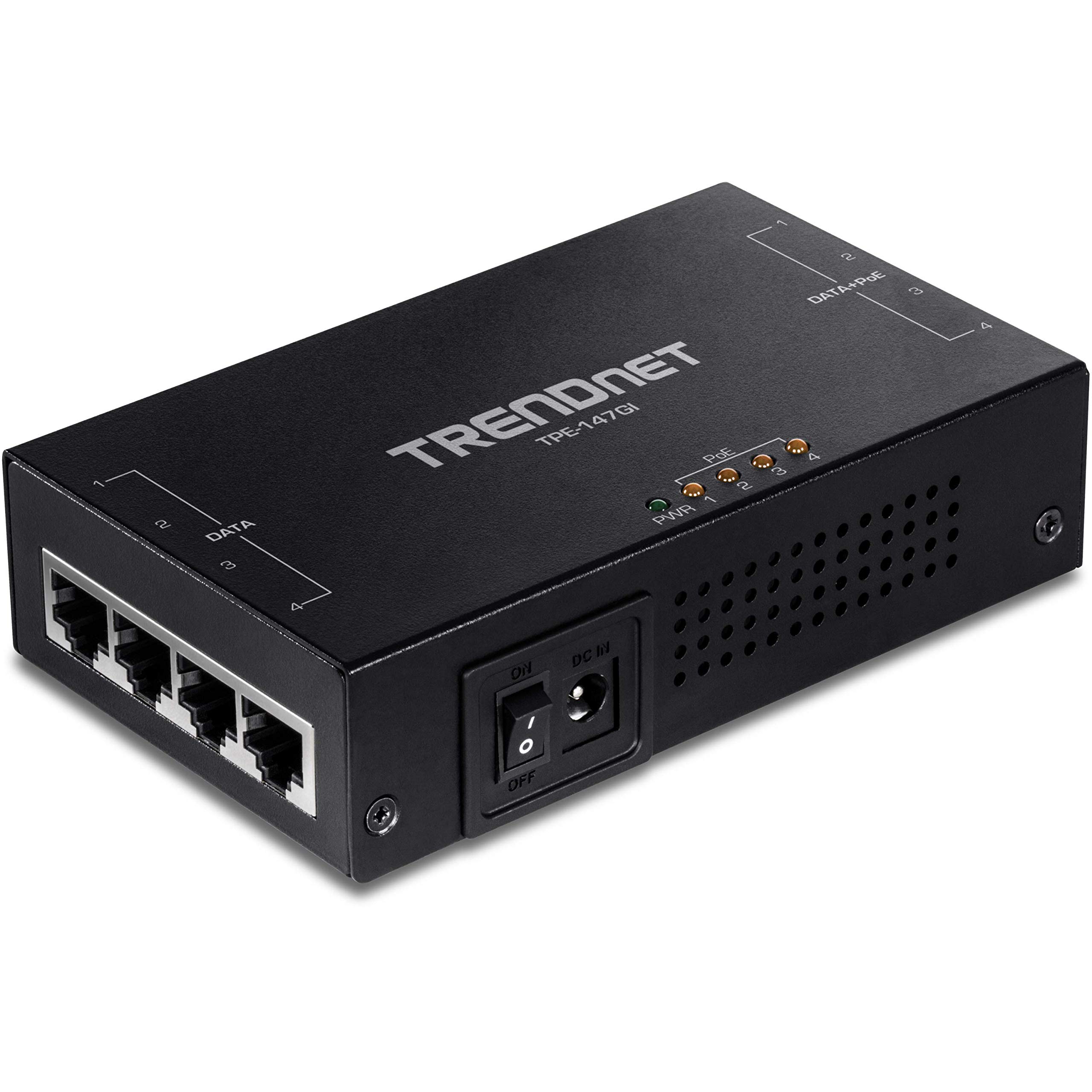 TRENDnet 65W 4-Port Gigabit PoE+ Injector (TPE-147GI) - 4x Gigabit Data Ports & 4x PoE+ Output Ports - Extend Power & Data Up to 328ft - Ideal for IP Cameras, VoIP Phones & Wireless Access Points