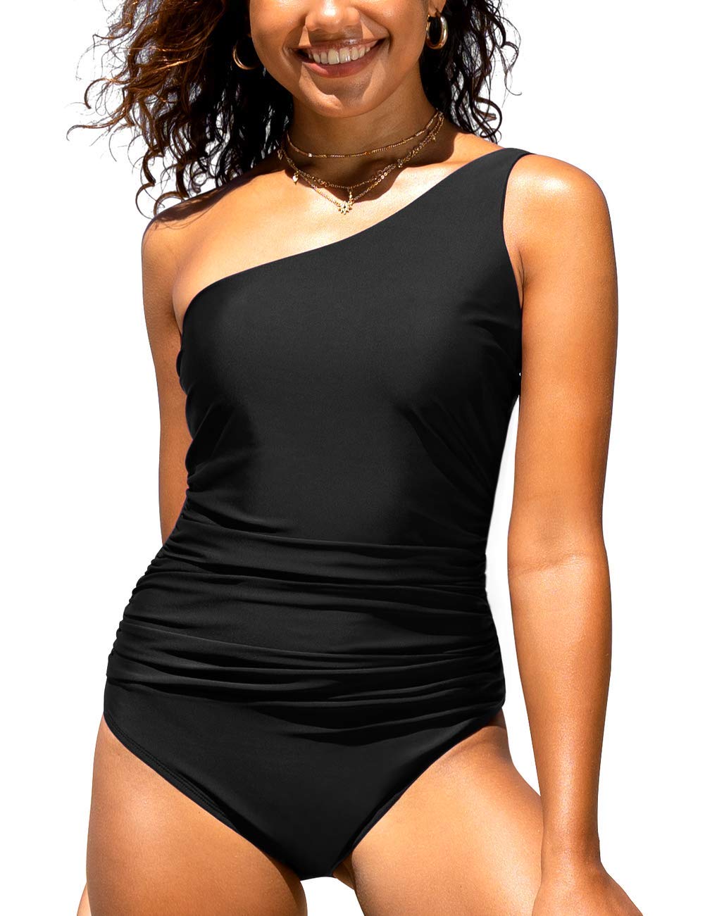 Hilor Women's One Shoulder Asymmetric Monokini Swimsuits - Shirred Cutout Bathing Suit for Women | Beach Vacation, Pool Party & Summer Swimwear