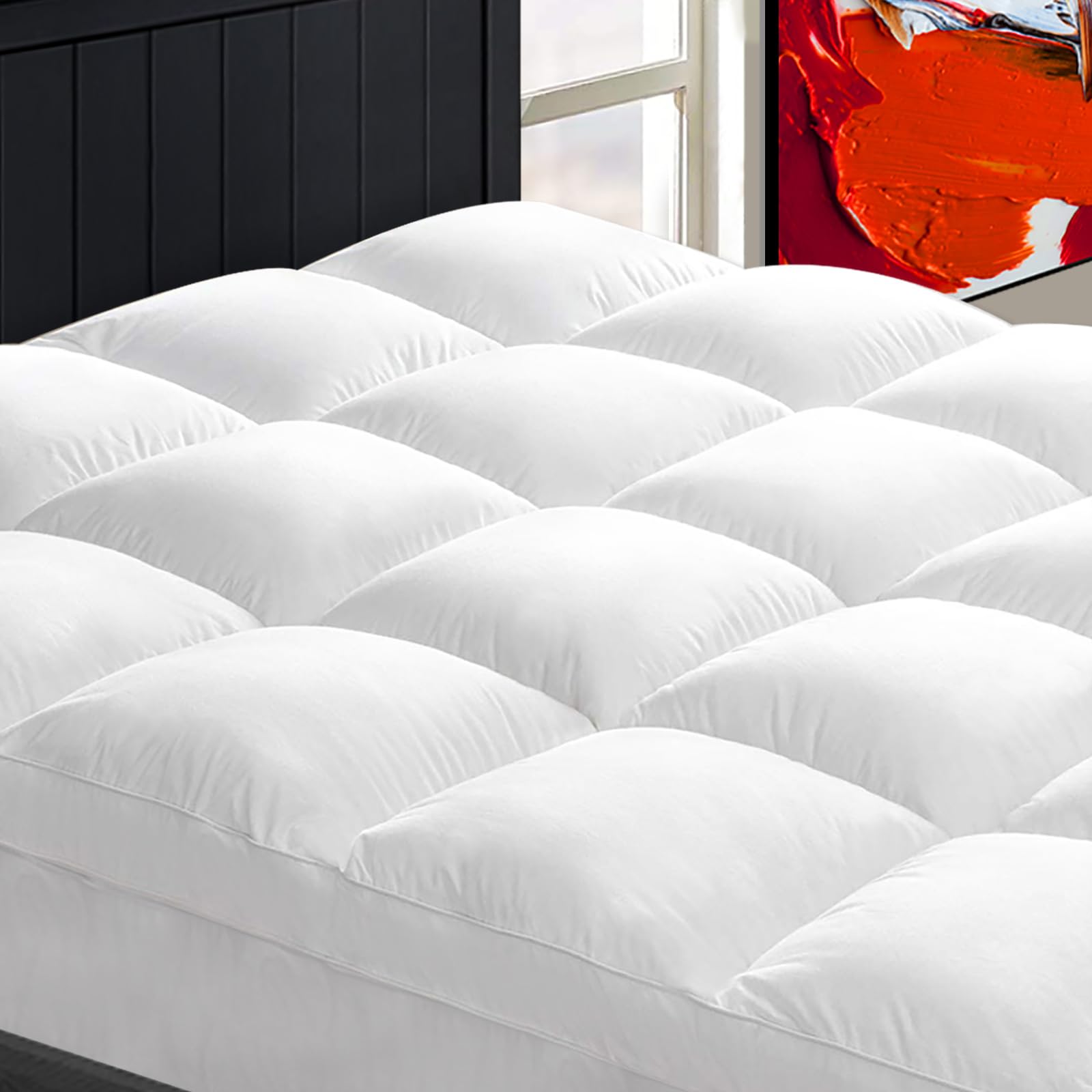 California King Mattress Topper for Back Pain Relief - Extra Thick Plush Pillow Top with Deep Elastic Pocket - White Luxury Bedding for Better Sleep & Pressure Relief