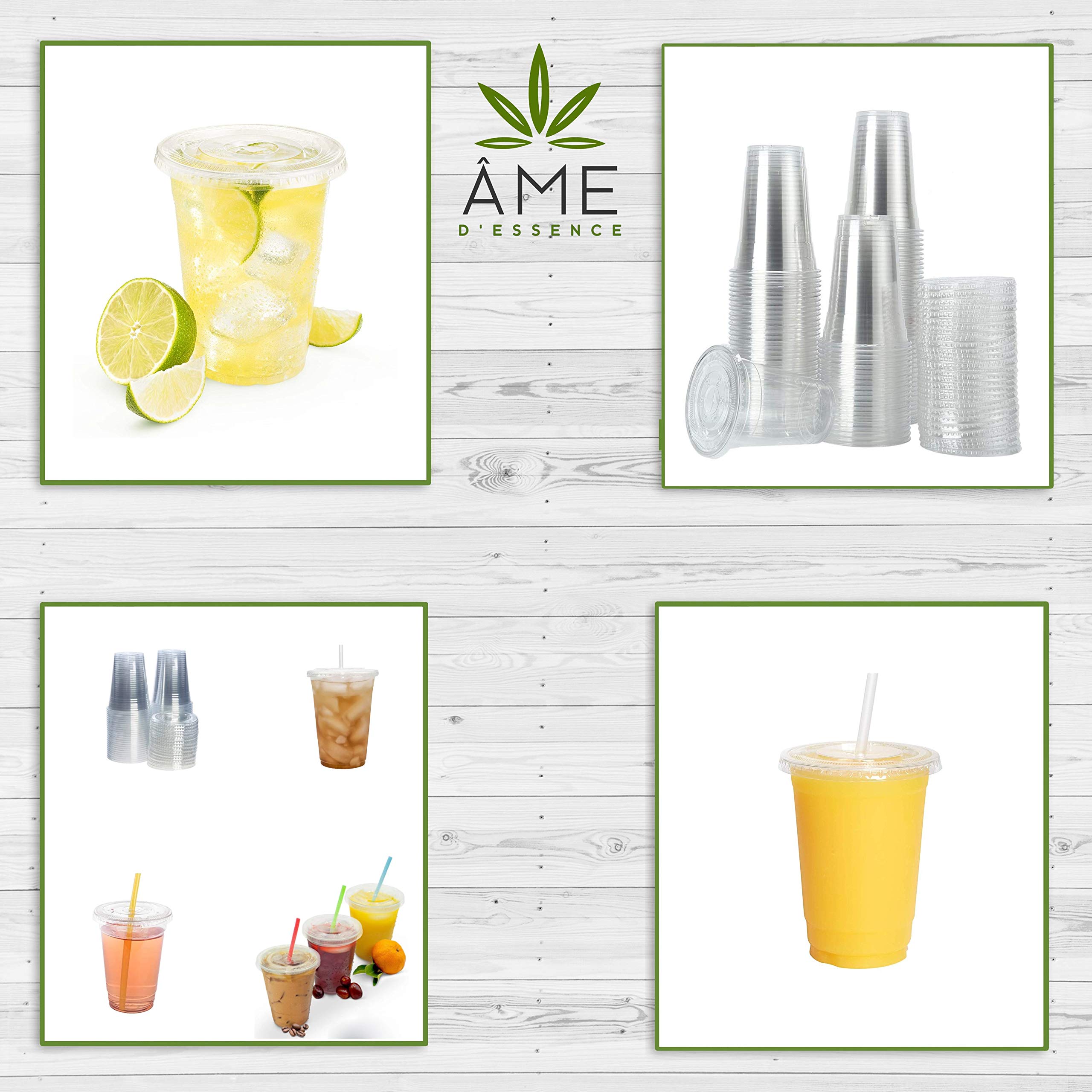 200-Pack AME D'ESSENCE 12 oz Disposable Clear Plastic Cups with Flat Lids & Bonus Straws - Perfect for Iced Coffee, Parties, and Beverage Service (100 Cups + 100 Lids)