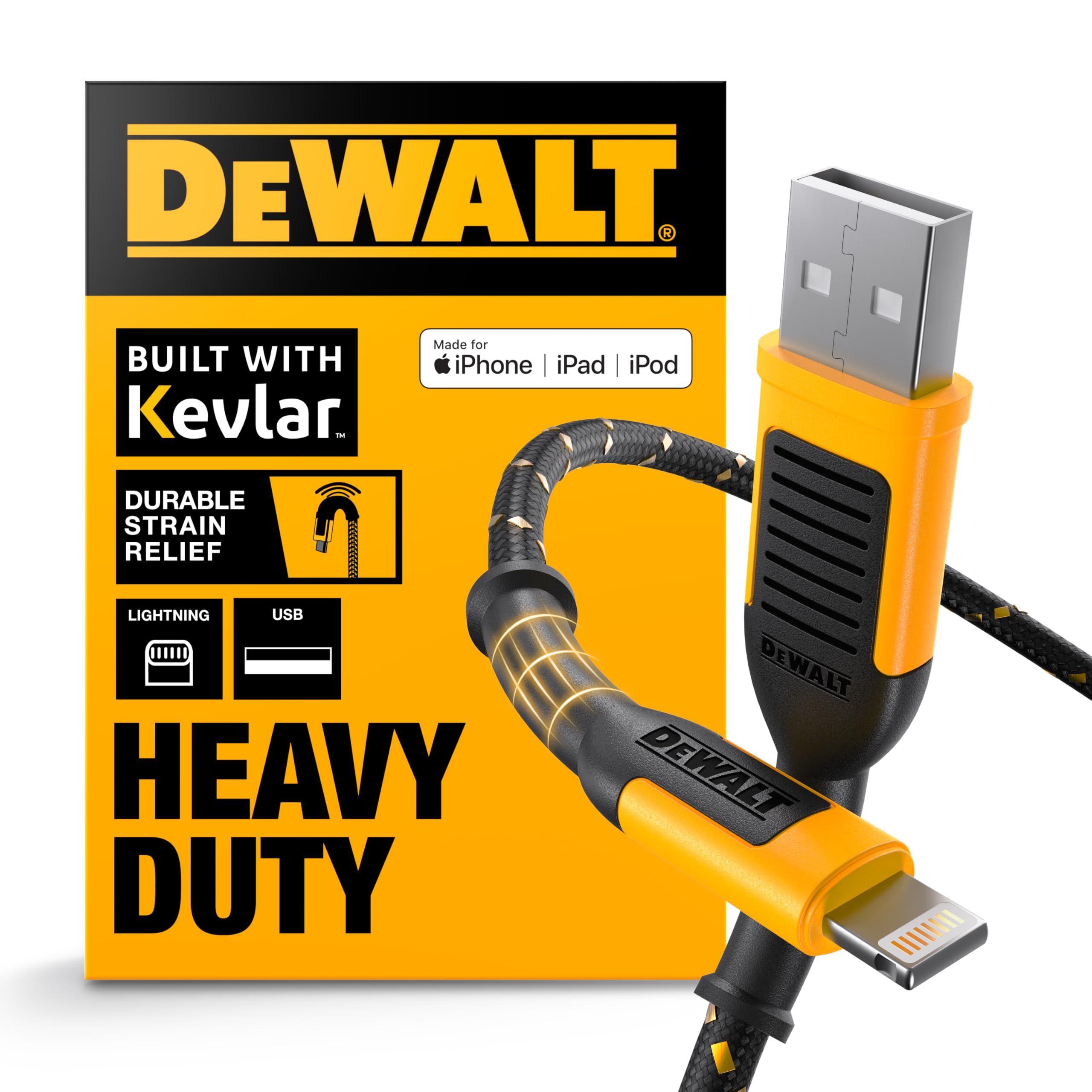 DEWALT Reinforced Braided Lightning to USB Charger Cable - 6FT Durable iPhone Charging Cord Compatible with iPhone 13/12/11/X/8 & More - Perfect for Home, Office, Travel & Car Charging