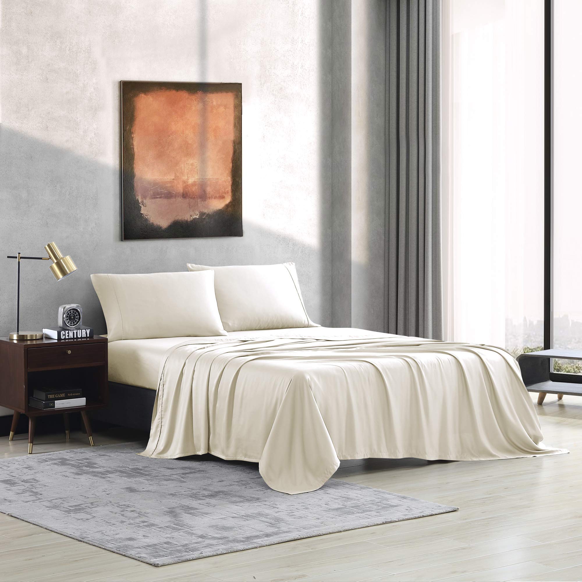Valeron 100% Tencel Modal Sateen Woven King Sheet Set - Luxuriously Soft, Breathable & Cooling Beech Tree Fiber Bedding - Ivory - Perfect for Hot Sleepers & All-Season Comfort