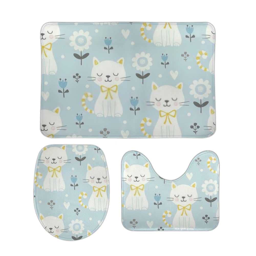 Soft Non-Slip 3-Piece Cartoon White Kitten & Flower Bath Mat Set - Absorbent Shower Rug for Bathroom, Toilet, Bedroom, Sink, Office, Kitchen & Laundry - Cute Kawaii Home Decor for Cozy Bathing & Decorating