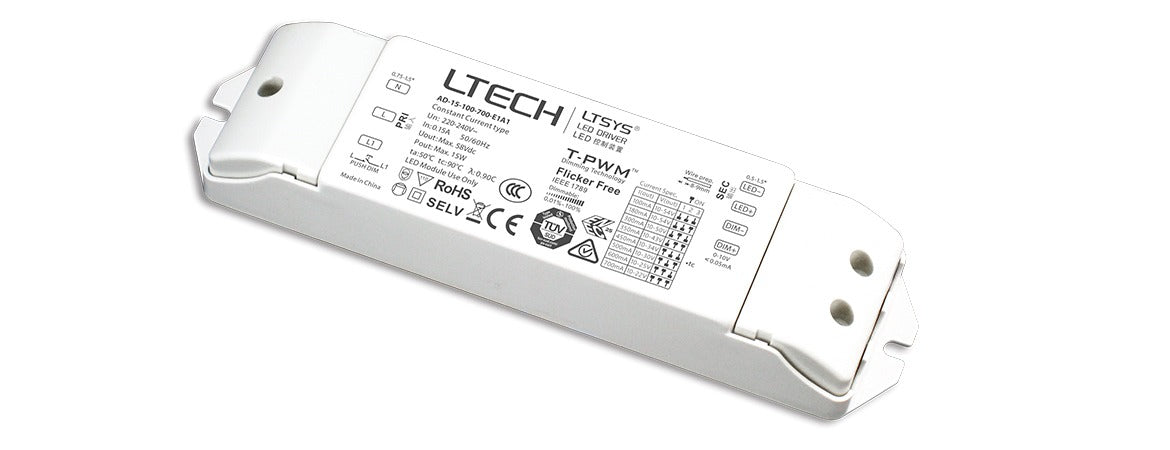 LTECH AD 15 100-700mA 15W LED Driver with Selectable Output - Constant Current Power Supply for LED Strip Lights, Signage & Landscape Lighting (0-10V Dimming)