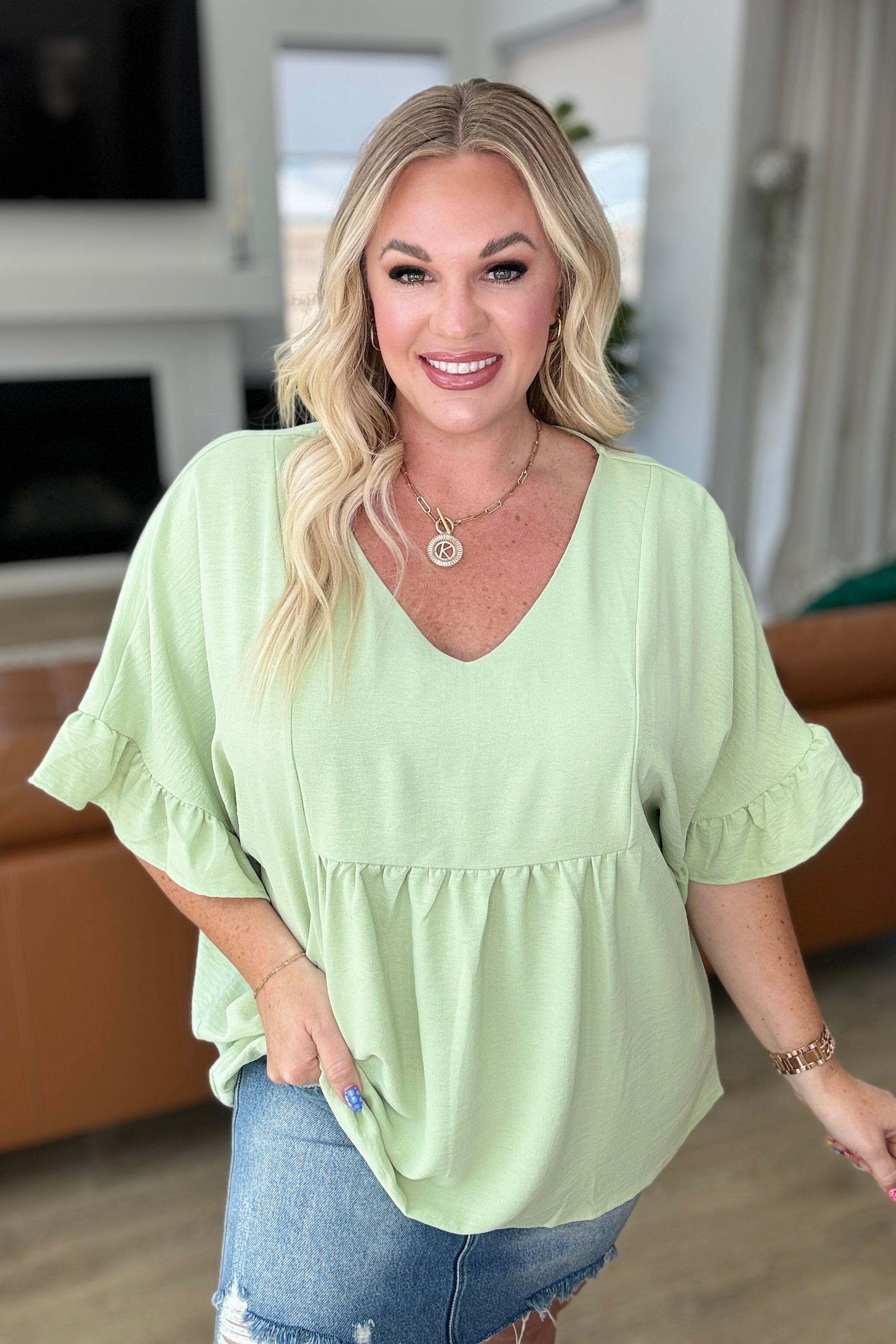 Breathable Sage Green Peplum Ruffle Sleeve Blouse - Perfect for Spring Outfits & Casual Office Wear