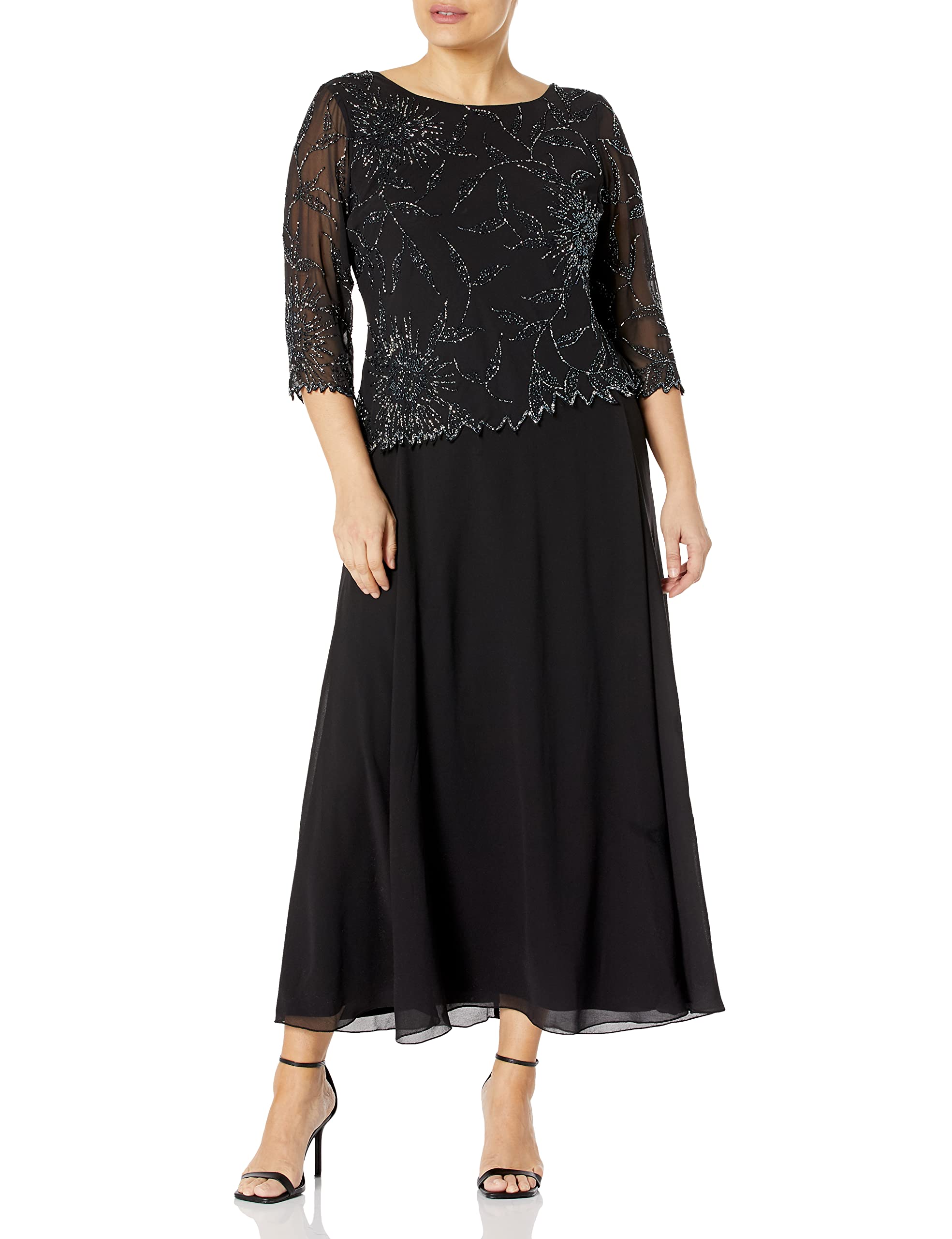 J Kara Women's Plus Size Beaded Scoop Neck 3/4 Sleeve Long Dress - Elegant Party Wear for Evening Events & Special Occasions