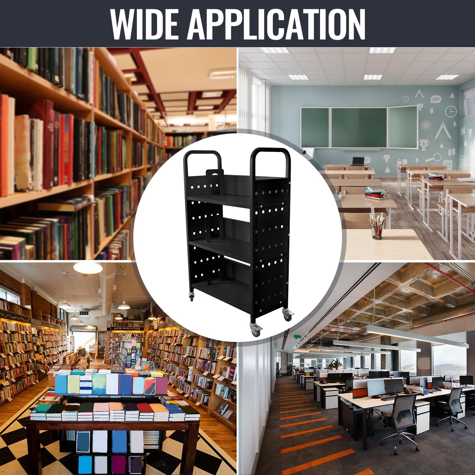 3-Shelf V-Shape Rolling Book Cart with 2 Lockable Wheels - Portable Library Cart for Home, Office & School - Ideal for Book Storage, Classroom Organization & Library Book Transportation (Black)
