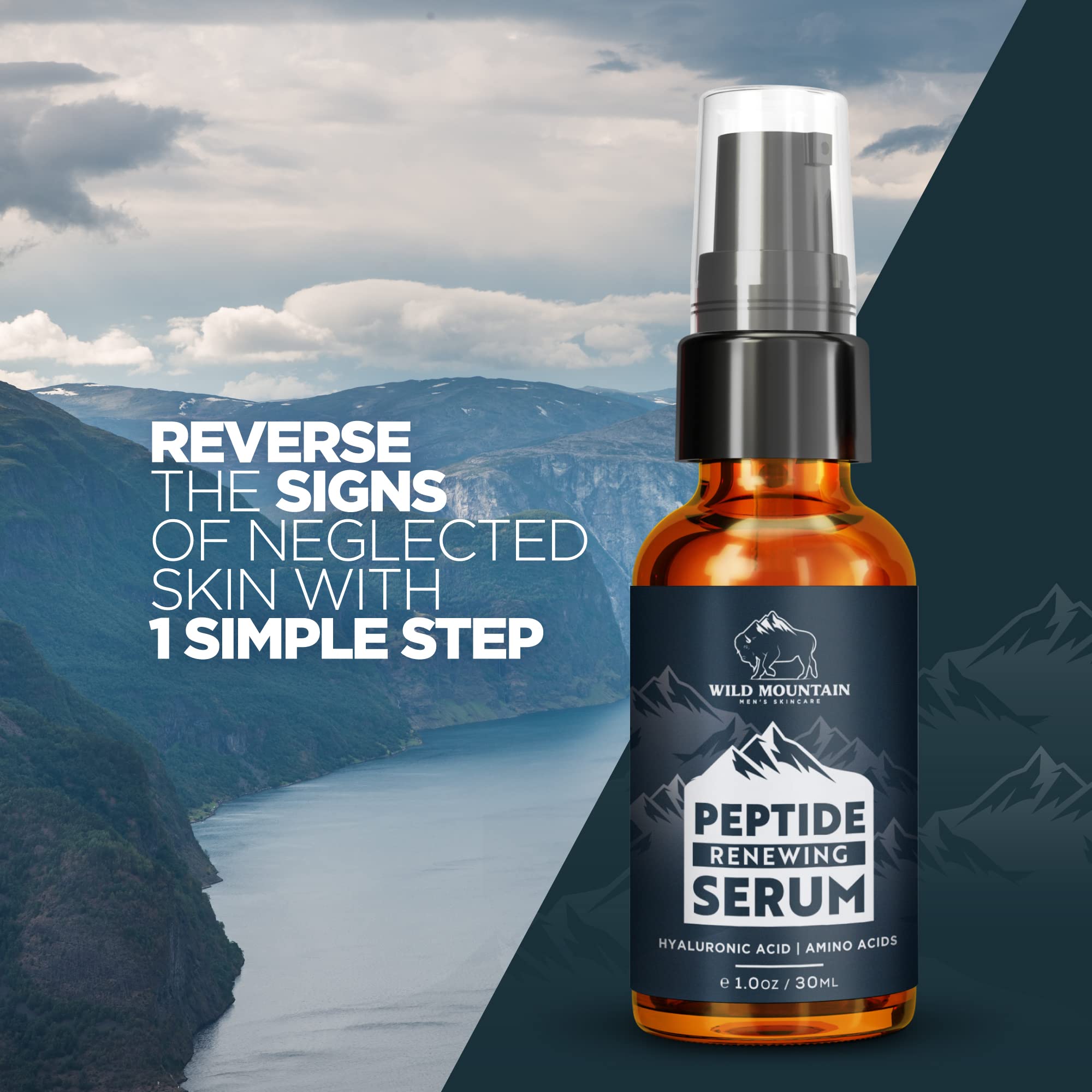 Wild Mountain Peptide Face Serum for Men - Hydrating Hyaluronic Acid & Collagen Boosting Amino Acids Anti-Aging Serum - Skin Brightening Treatment - 1 oz - Perfect for Daily Skincare Routine & Reducing Wrinkles
