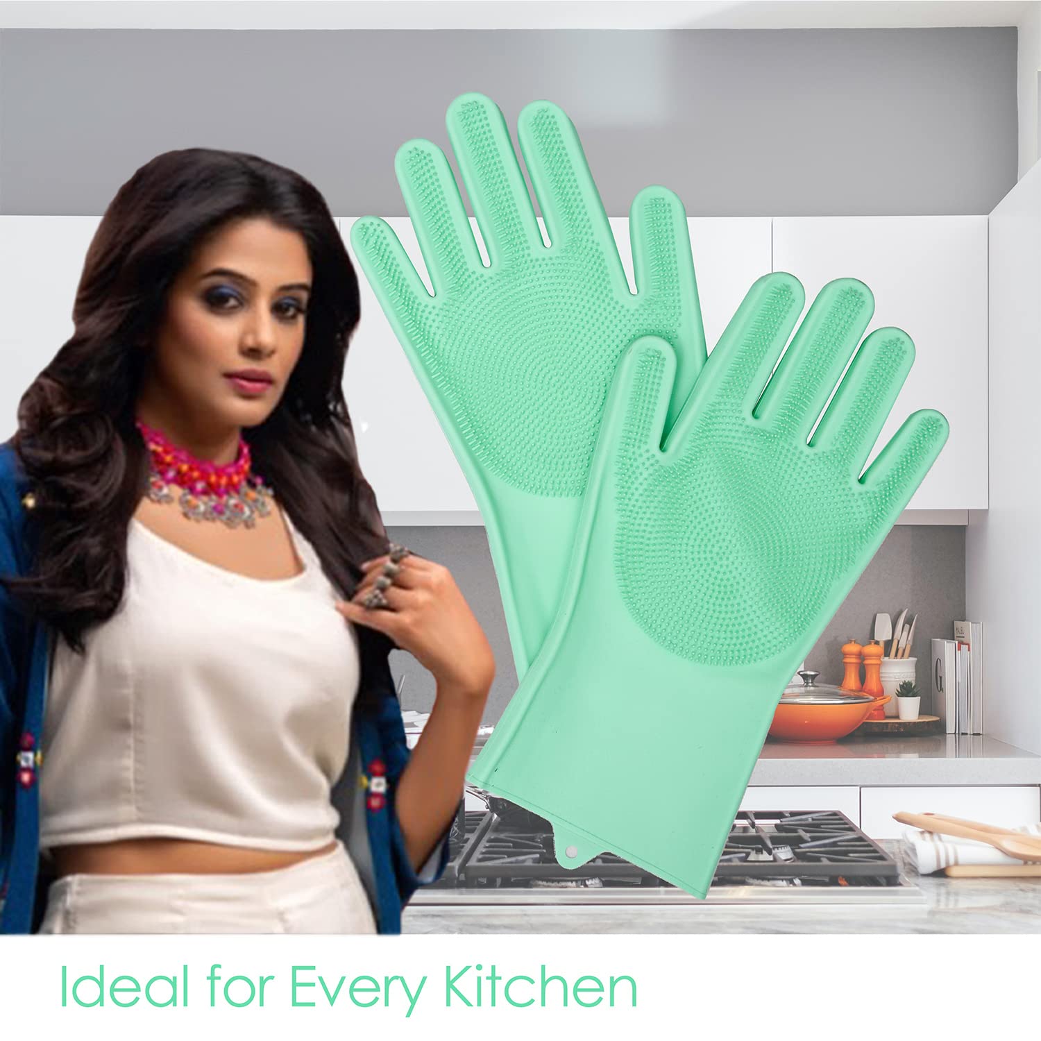 Kuber Industries Heat Resistant Silicone Kitchen Gloves - Dish Washing, Scrubbing, Car & Bathroom Cleaning Gloves - 1 Pair (Green) - Perfect for Cooking, Washing Dishes & Household Cleaning