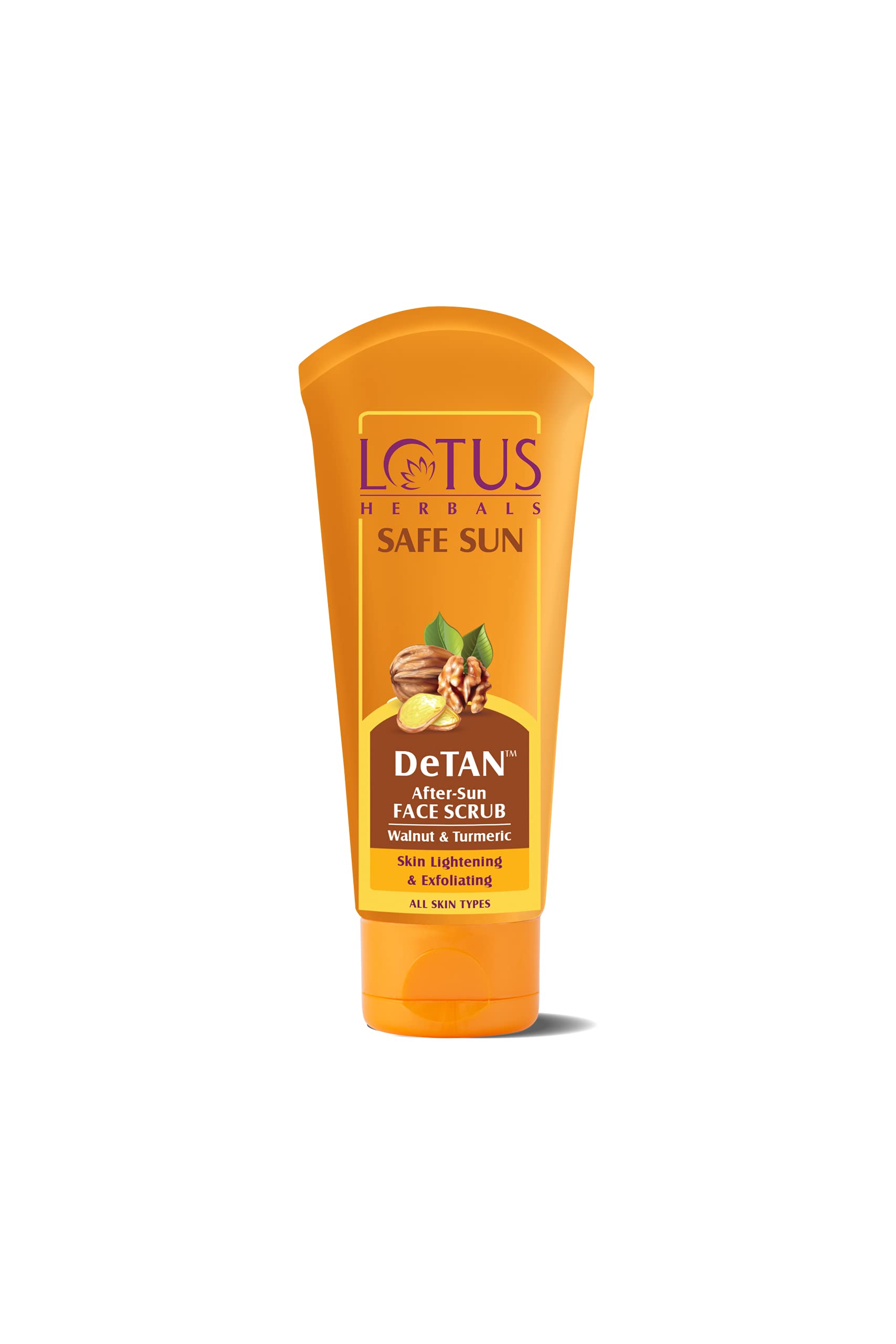 Lotus Herbals Safe Sun DeTAN After-Sun Face Scrub with Walnut & Turmeric - Exfoliating & Tan Removal for All Skin Types - 100g | Post-Sun Care for Glowing Skin