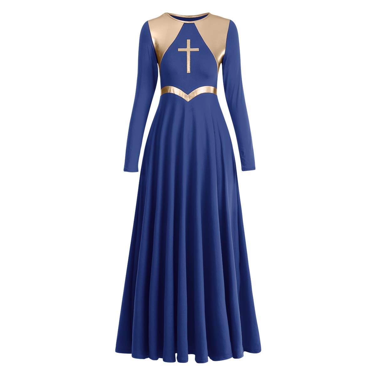Metallic Cross Praise Dance Dresses for Women - Liturgical Worship Long Sleeve Flowy Dress - Perfect for Church Performances, Gospel Choir & Worship Events