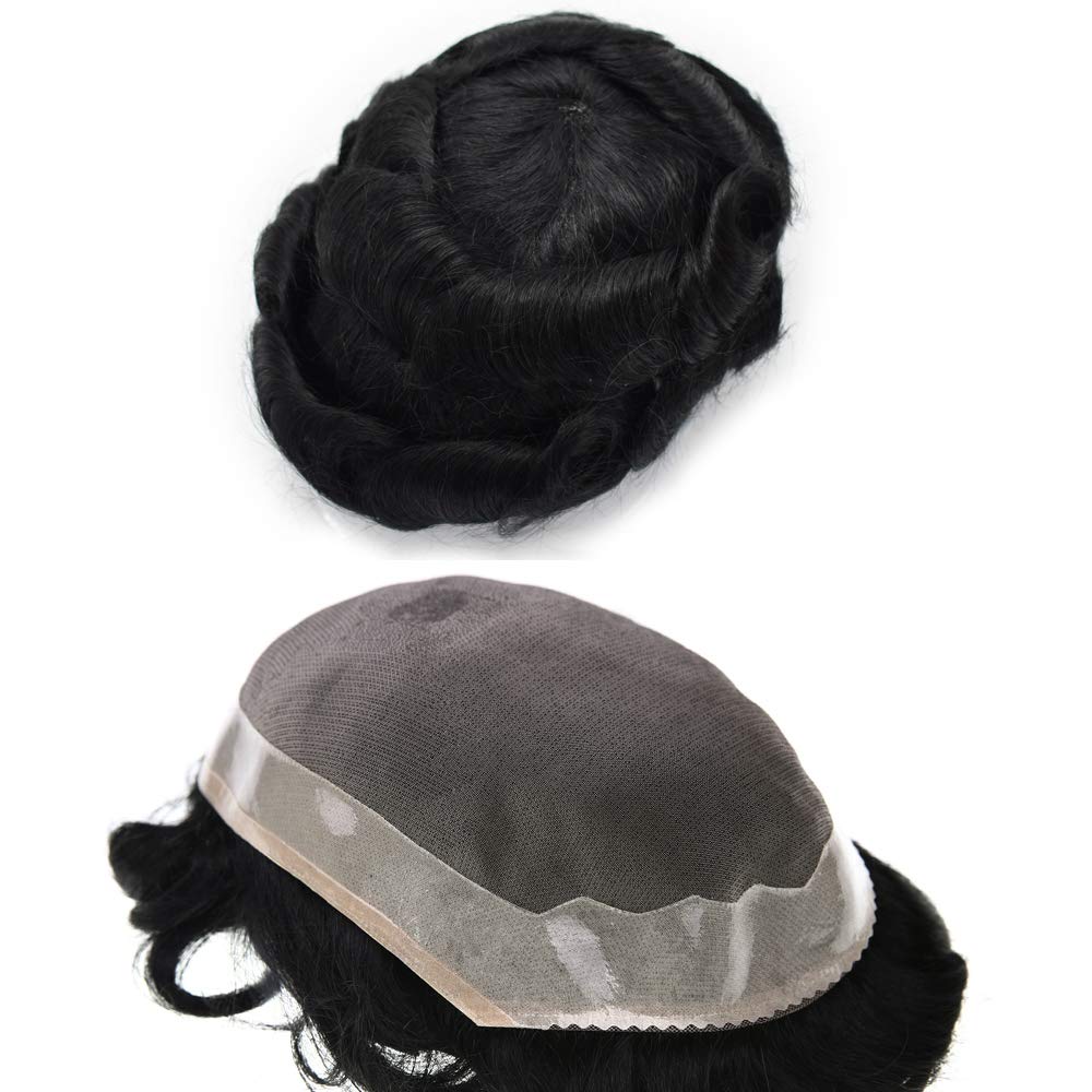 Premium Mono Men's Toupee - 100% Human Hair with Poly Coating - Durable Black Hairpiece (11