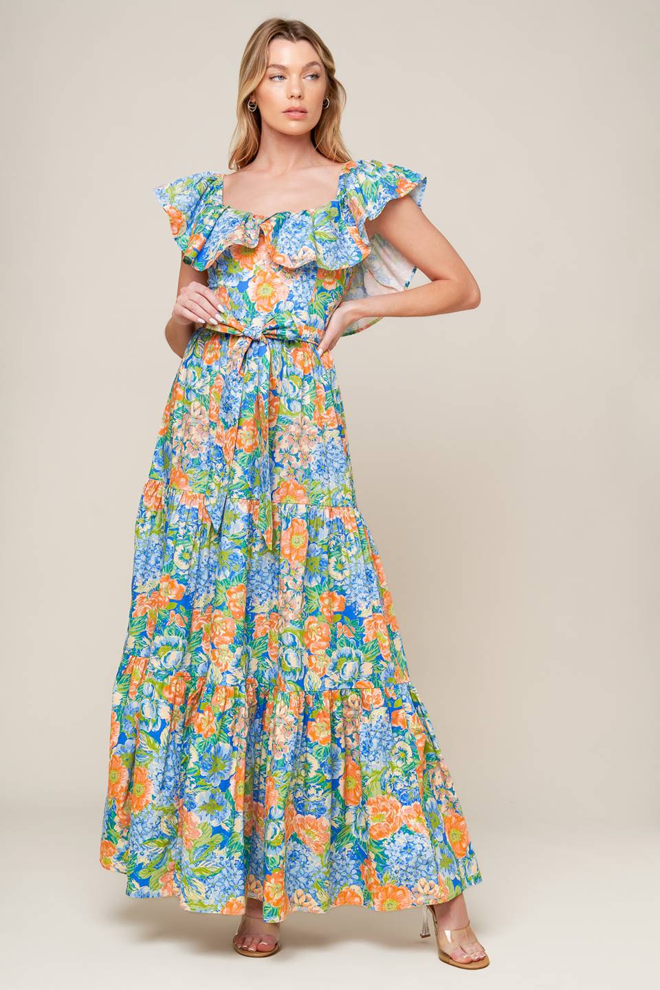 Elegant Coral & Powder Blue Maxi Dress for Women - Perfect for Garden Parties, Weddings & Summer Outings