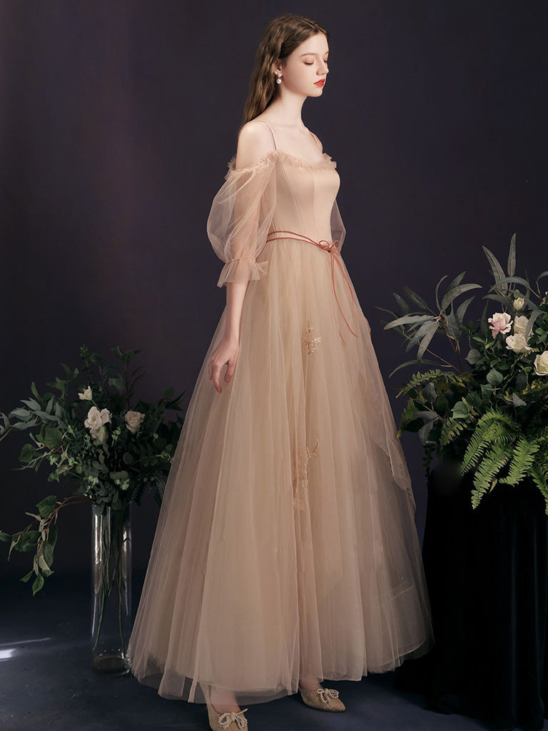 Elegant Champagne Tulle A-Line Long Prom Dress for Formal Events - Perfect for Homecoming, Weddings & Evening Galas