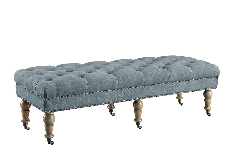 Benjara Button Tufted Upholstered Bench with Caster Wheels - Brown and Blue Velvet Storage Ottoman for Bedroom, Living Room, Entryway