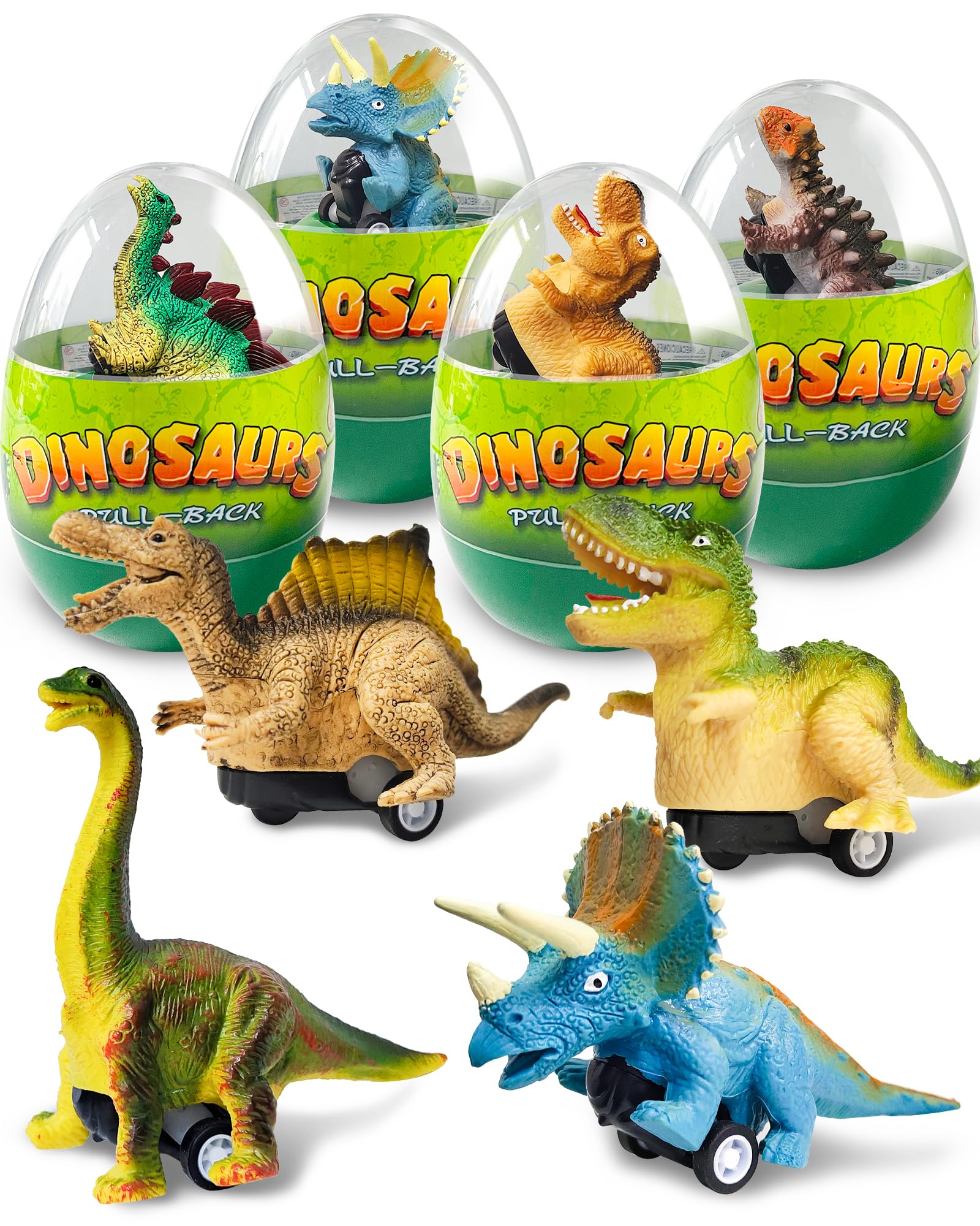Greingways 4 Pack Dinosaur Pull Back Toy Cars - Prefilled Plastic Easter Eggs with Surprise Toys Inside, Easter Basket Stuffers for Toddlers, Montessori Learning Toys | Perfect for Easter Gifts, Birthday Party Favors, Classroom Rewards & Kids Playtime (Boys & Girls)