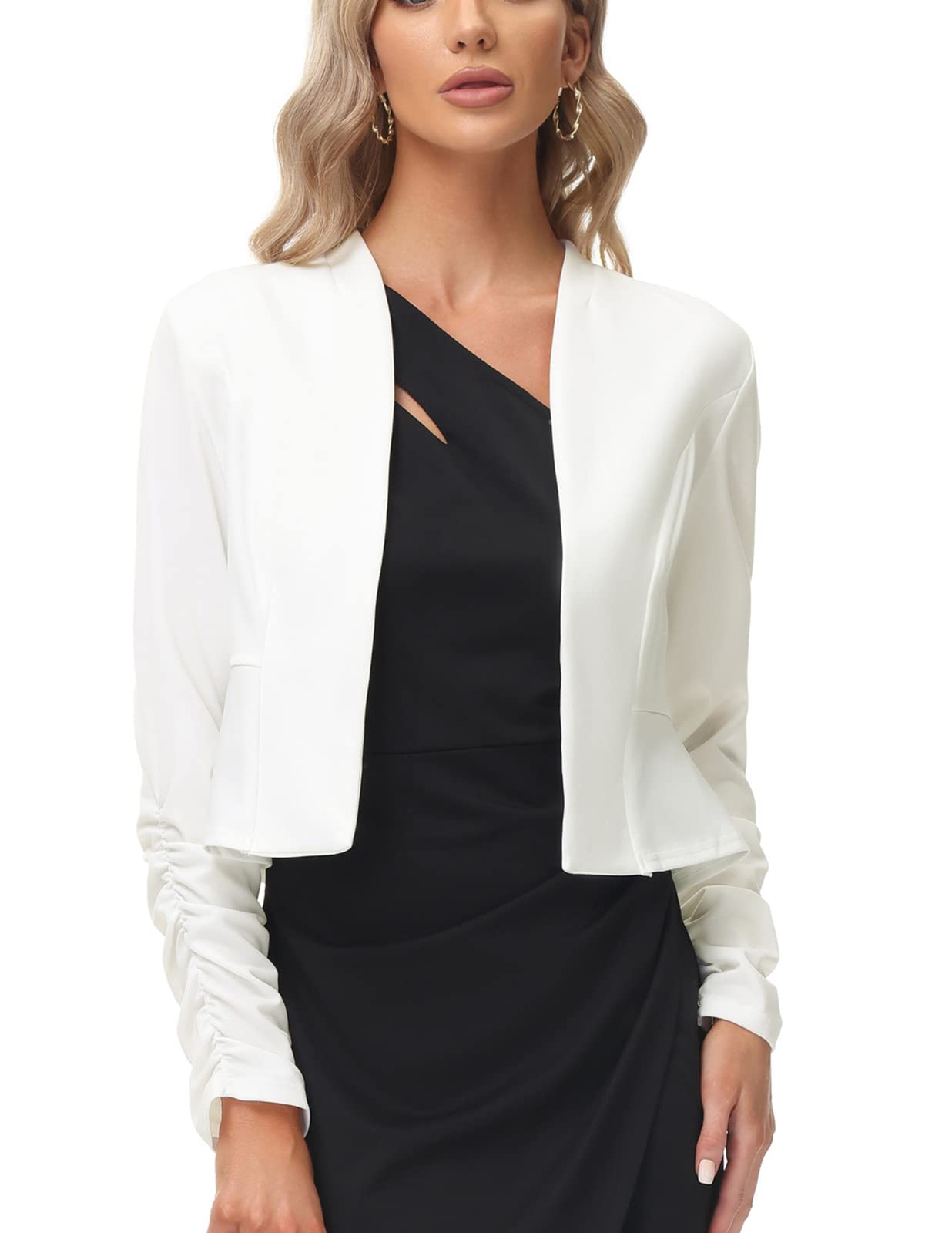 Women's Lightweight Cropped Blazer for Work & Office - Casual Long Sleeve Cardigan (Ivory)