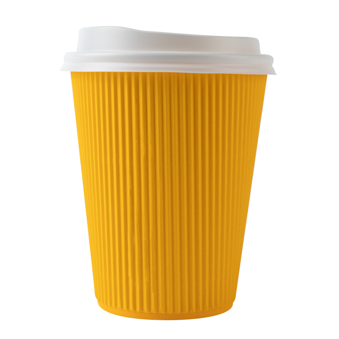 12 oz Yellow Ripple Wall Paper Coffee Cups with White Lids - 20 Count Box (3.5