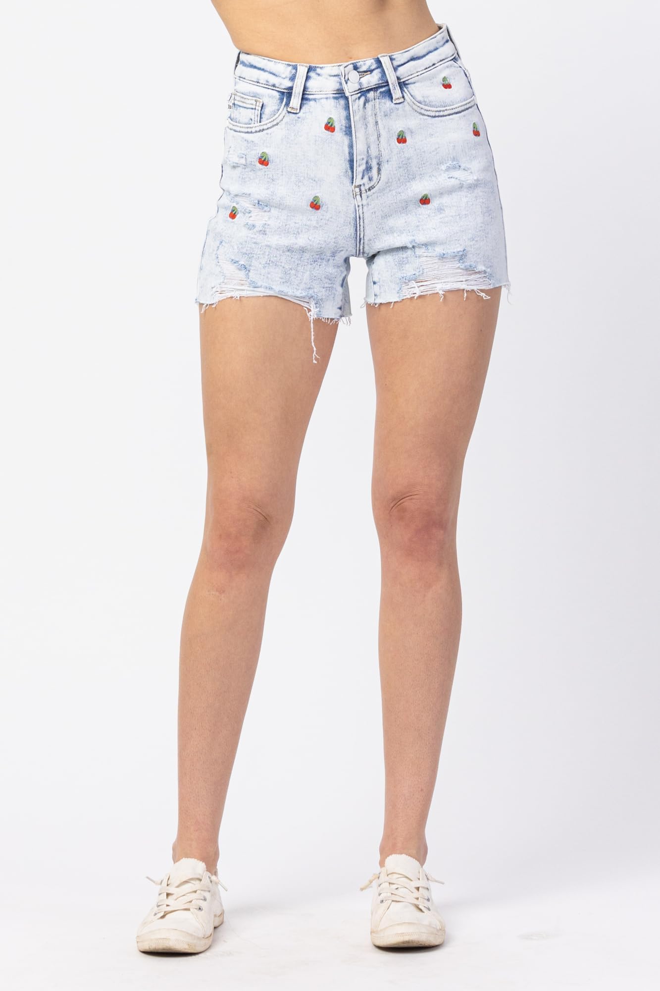 Judy Blue Women's High Waisted Denim Shorts - Acid Wash Distressed Jean Shorts with Cherry Embroidery | Casual Summer Outfits, Beach Wear & Street Style Fashion
