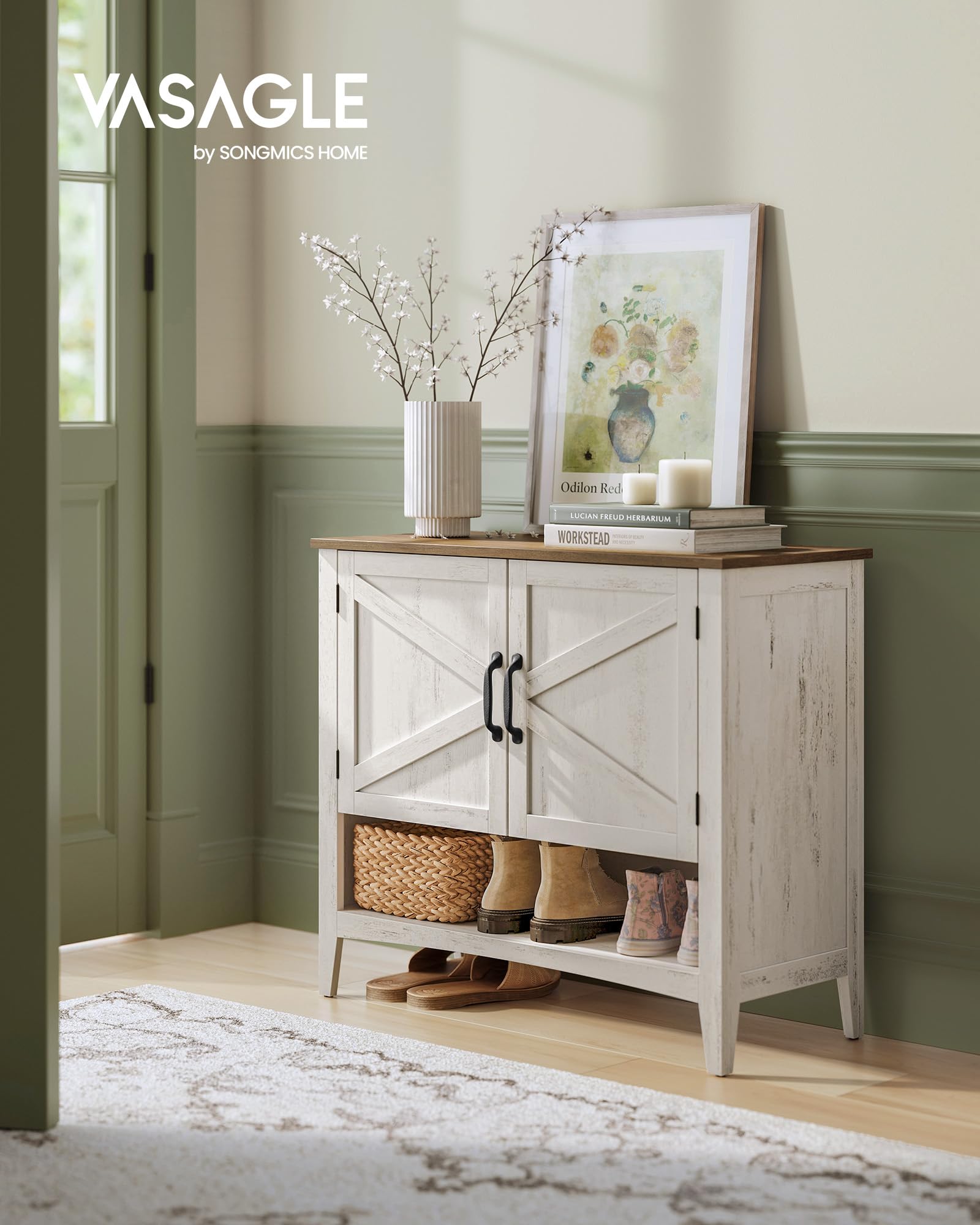 VASAGLE 3-Tier Shoe Storage Cabinet - Farmhouse Style Freestanding Organizer with Adjustable Shelves, 13.8