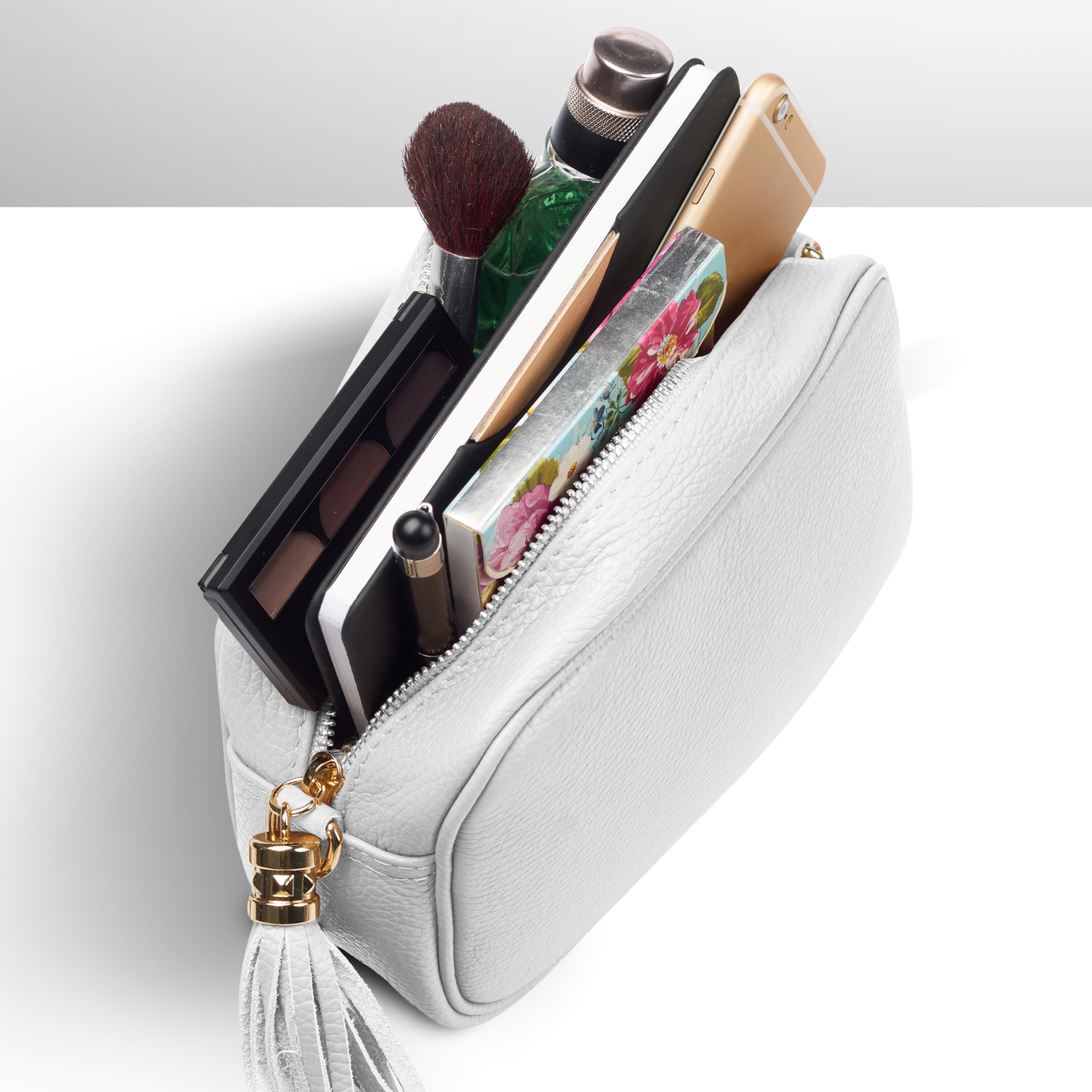 Italian Genuine Leather Crossbody Bag for Women - Zipper Closure, Adjustable Long Strap with Tassel | Small Purse Wallet Shoulder Handbag for Everyday Use, Travel & Shopping