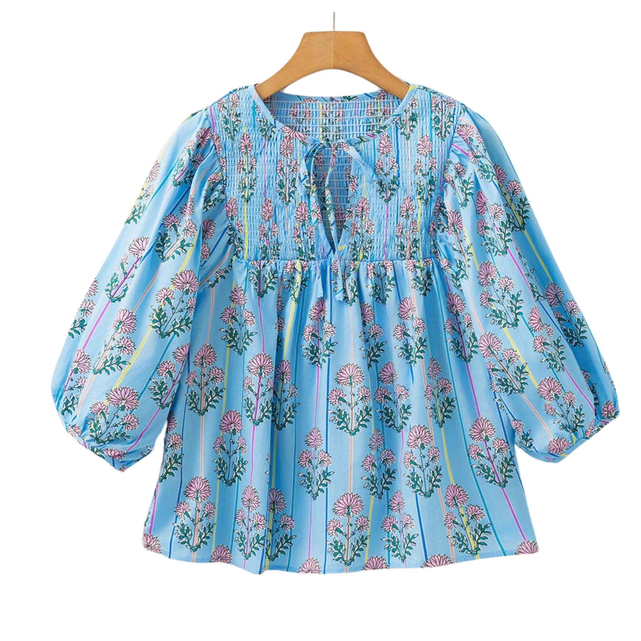Floral Striped Print Shirred V-Neck Blouse for Women - Stylish Summer Tops for Casual Outings & Office Wear
