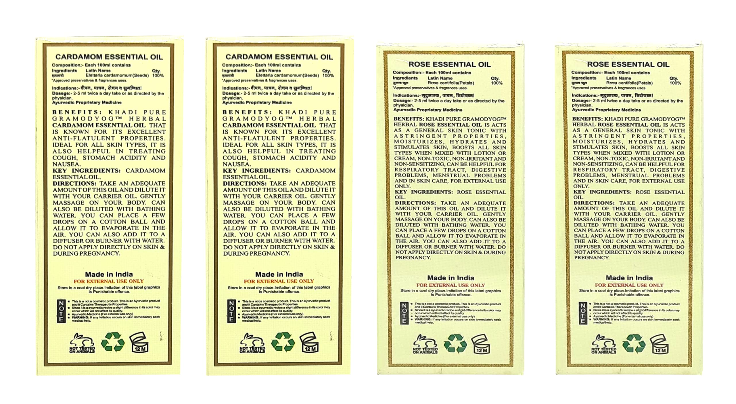 Khadi Pure Cardamom & Rose Essential Oil - 15ml (Pack of 4) | Aromatherapy, Massage & Skin Care | Perfect for Diffusers, DIY Beauty & Relaxation