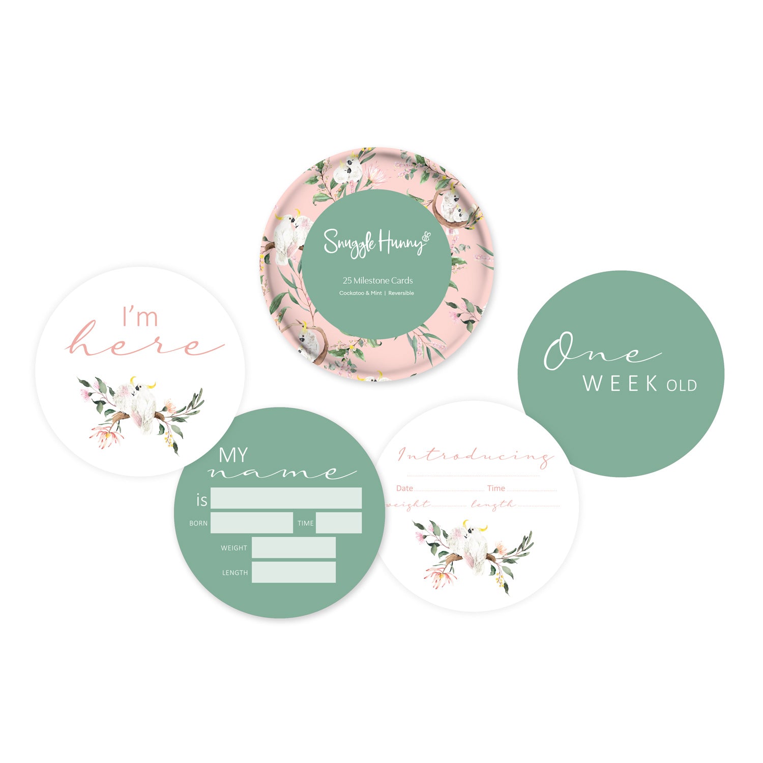 Snuggle Hunny Reversible Milestone Baby Photo Cards - Cockatoo & Mint Green for Newborn Photography, First Birthday, and Parenting Keepsakes