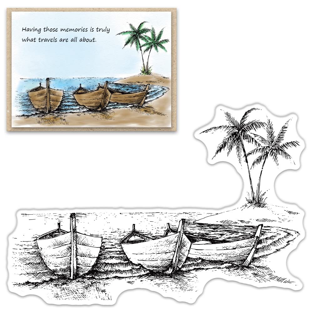 Palm Tree Boat Clear Stamps Set - Ocean Themed Transparent Rubber Stamps for Card Making, Bullet Journal, Scrapbooking & DIY Crafts - Perfect for Beach Party Invitations, Summer Decorations and Handmade Notebooks