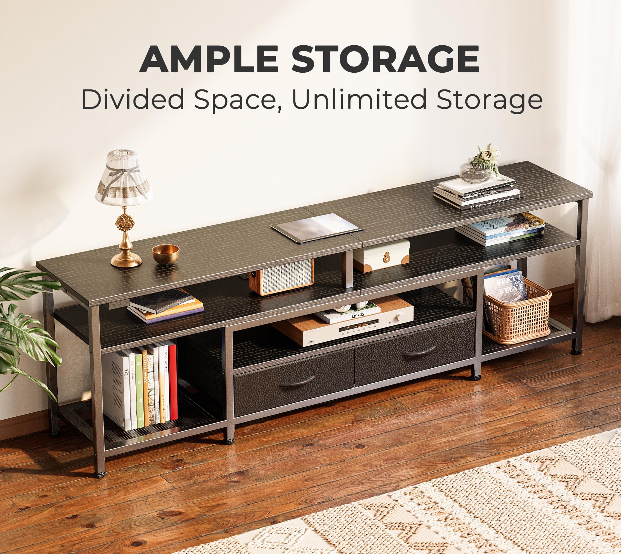 Huuger 65-70 Inch TV Stand with Power Outlets & LED Lights - Modern Entertainment Center with Storage Drawers & Shelves - Black Media Console for Living Room, Home Theater & Gaming Setup