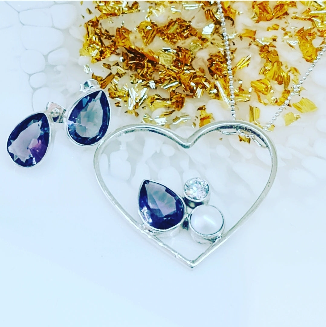 Amethyst Pearl Zircon Stone Heart Pendant Drop Earrings Set - Elegant Jewelry for Women, Perfect for Valentine's Day, Anniversary & Special Occasions