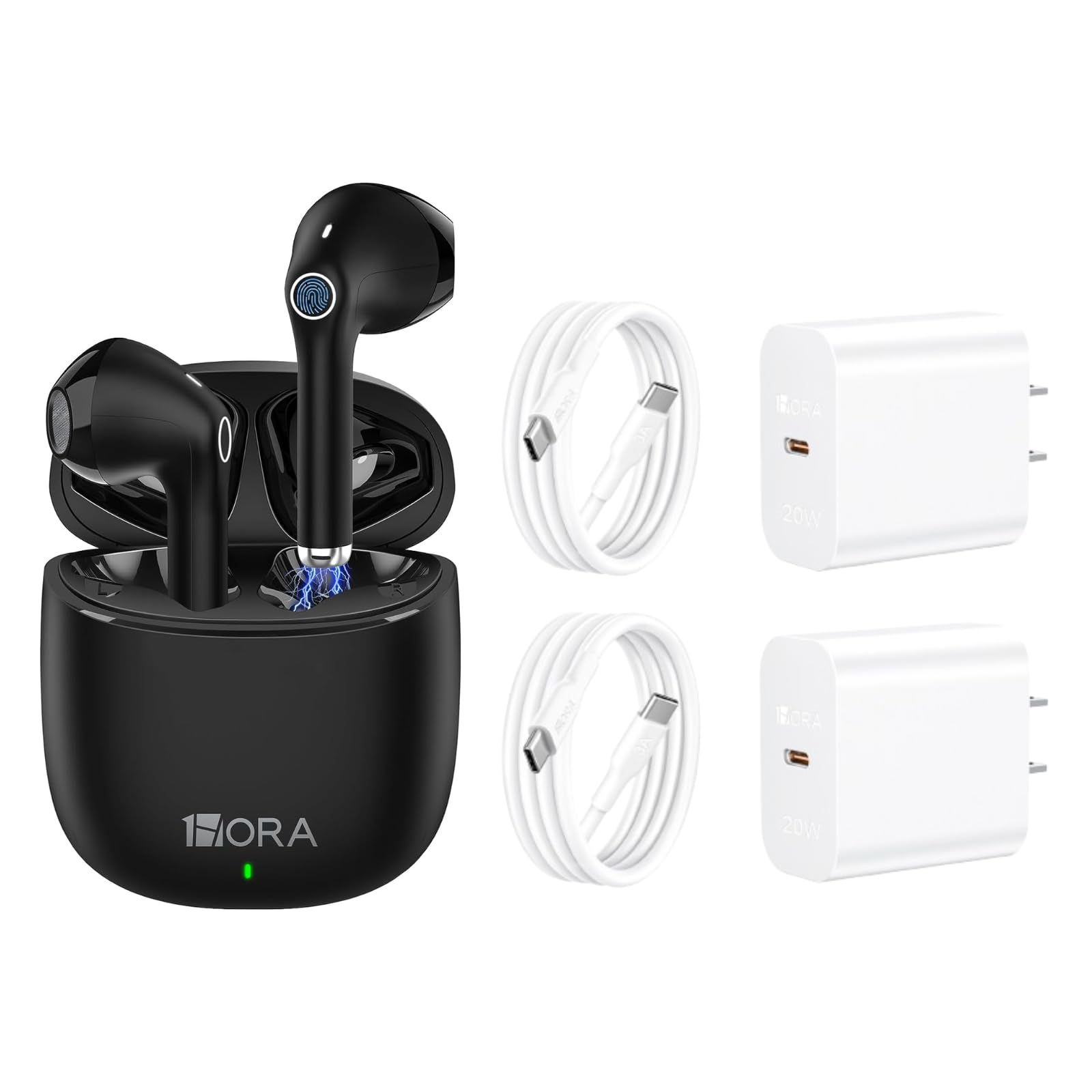 1 Hora Wireless Bluetooth Earbuds with 20W Fast Charger Kit (2-Pack) - Noise Cancelling Headphones for Gym, Running & Travel - Black