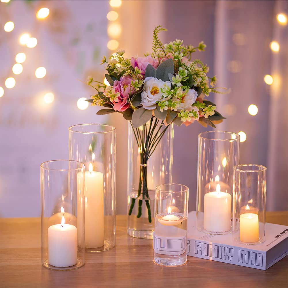 Hewory 12-Piece Glass Hurricane Candle Holder Set - Tall Clear Cylinder Vases for Wedding Centerpieces, Floating & Pillar Candles - Elegant Table Decor for Weddings, Parties & Home Decor