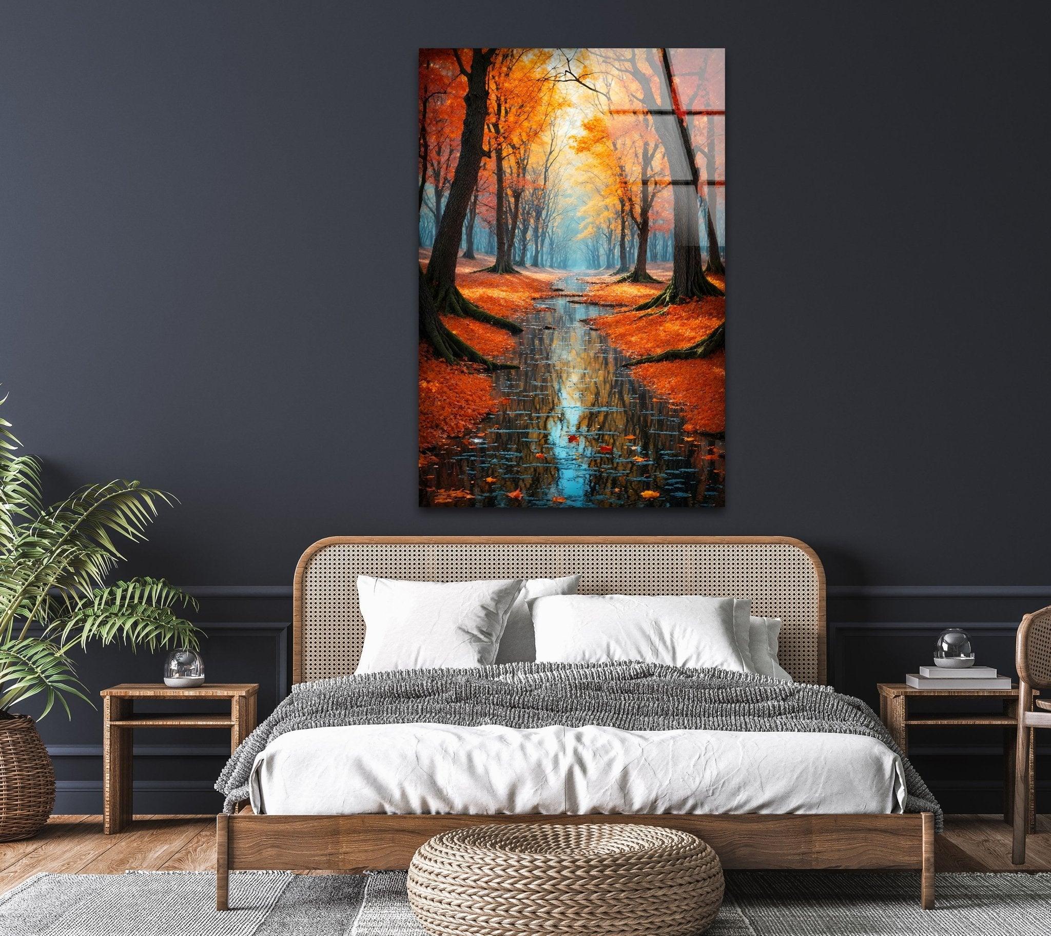 Stunning Fall Forest Art Print on Glass - Autumn Pathway Reflections Wall Decor for Living Room, Bedroom & Office