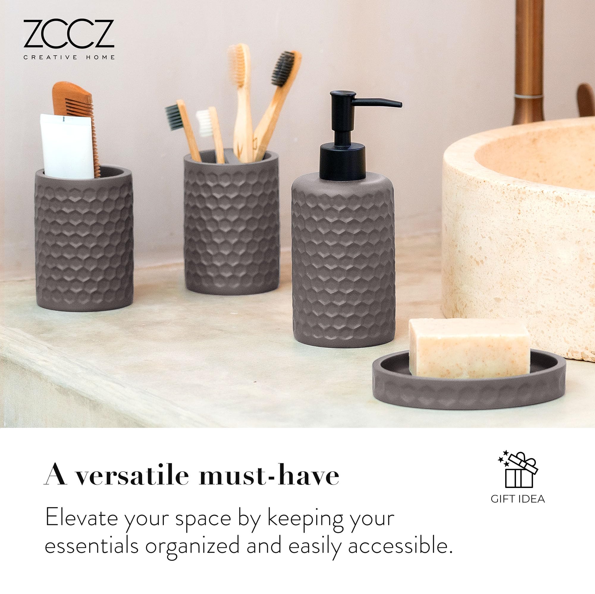 Premium 6-Piece Warm Grey Bathroom Accessory Set - Includes Trash Can, Toothbrush Holder, Cup, Soap Dispenser, Dish & Toilet Brush with Holder | Modern Bathroom Organization for Home, Apartment & Guest Bath Decor