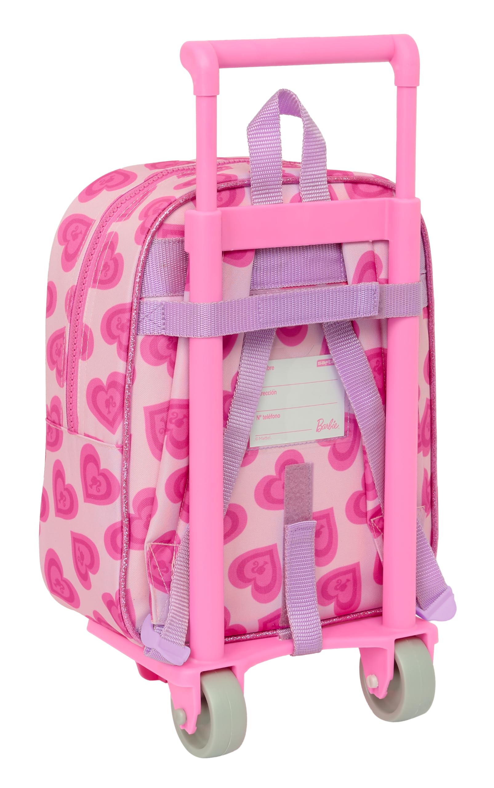 Safta Mini Rolling Backpack for Kids - Pink Barbie Themed School Bag with Wheels, Perfect for School, Travel & Daily Use