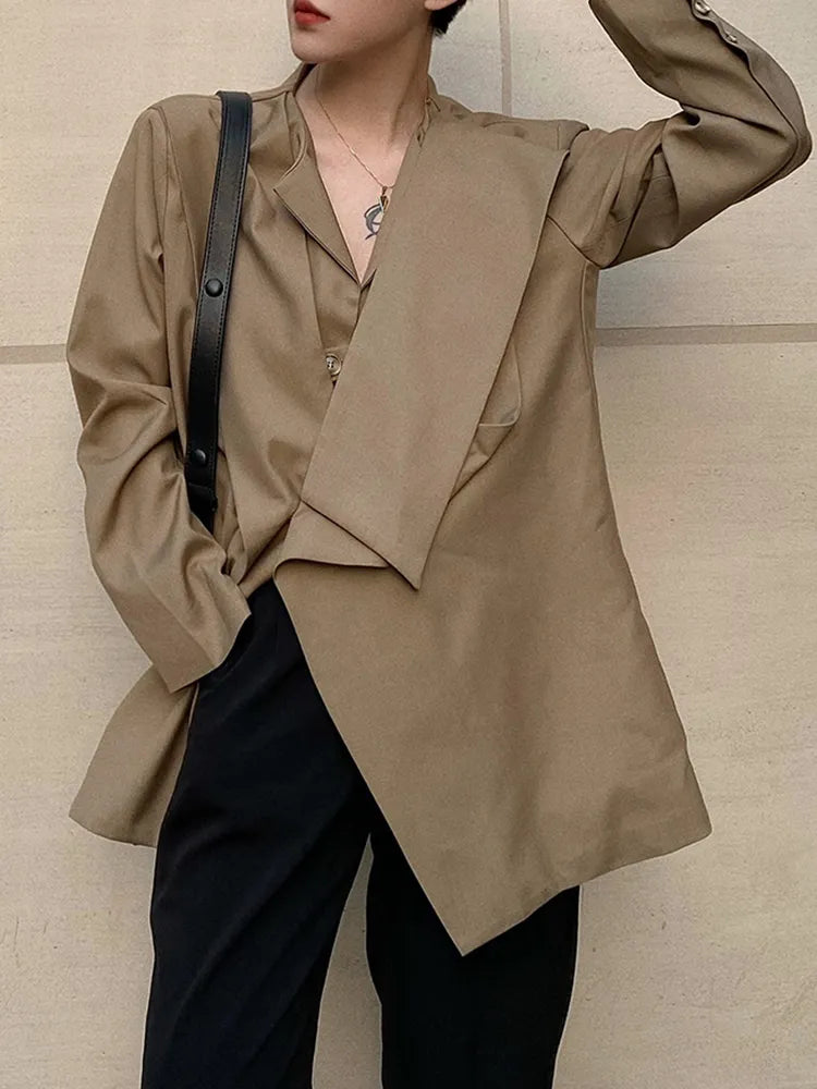 Stylish Asymmetrical Korean Blazers for Women - Round Neck Long Sleeve Casual Loose Fit Solid Color Jacket | Office Wear, Date Night Outfits & Spring Fashion
