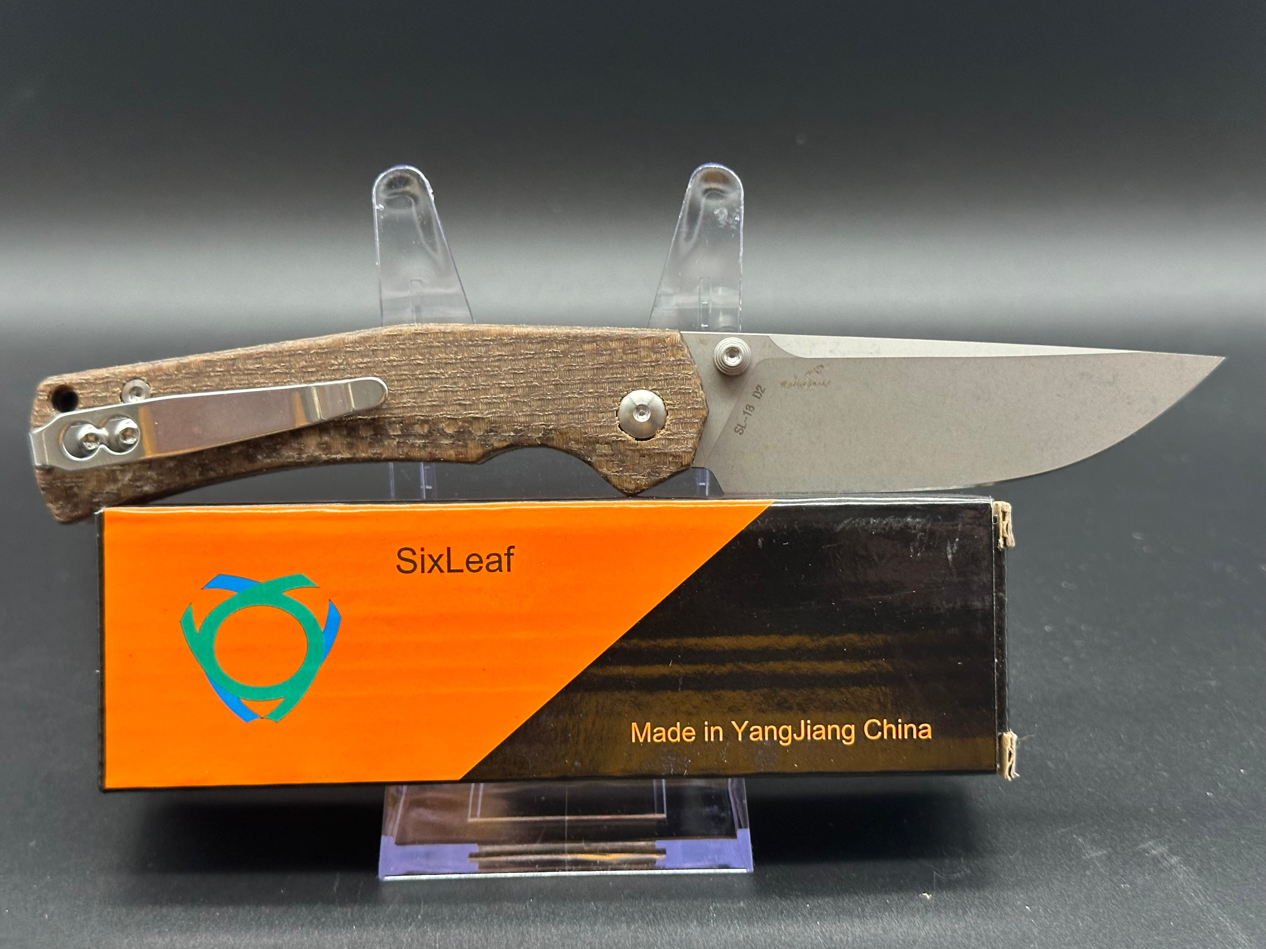 SIXLEAF SL 18 Button Lock Folding Knife - D2 Steel Plain Edge, Brown Micarta Handle - EDC Pocket Knife for Camping, Hiking & Outdoor Survival