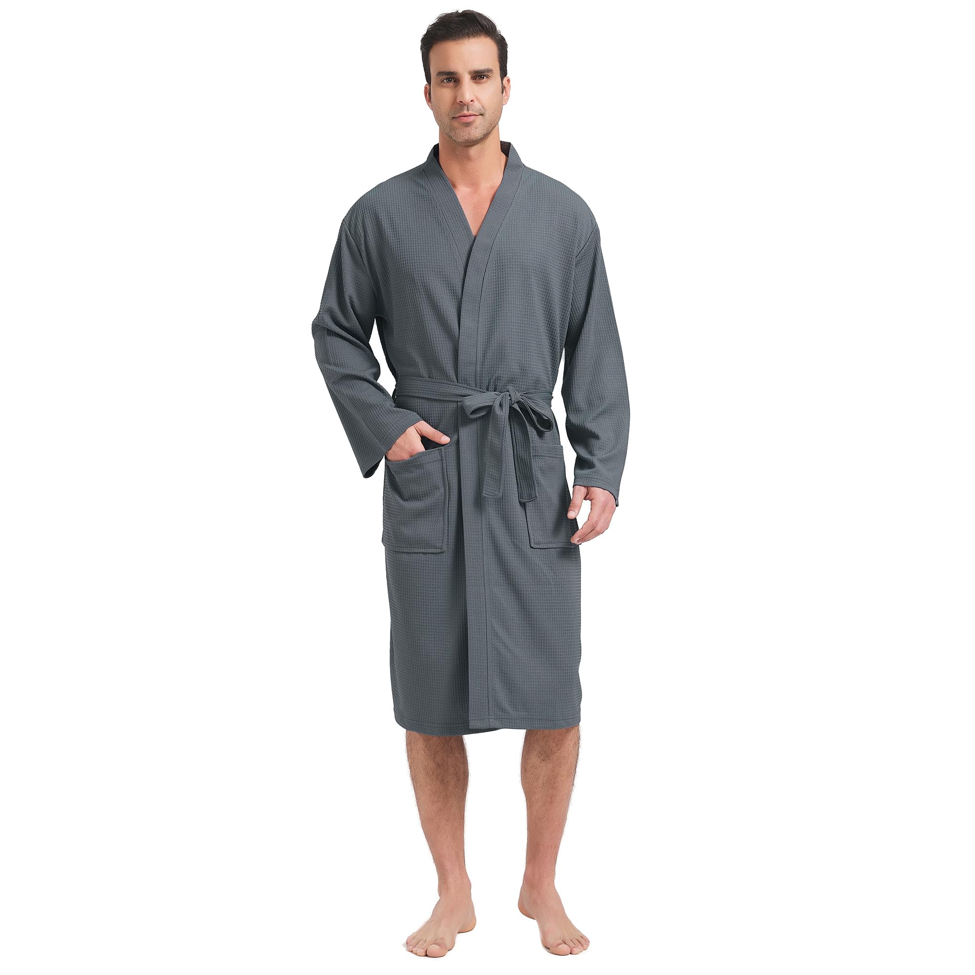 FashGudim Men's Lightweight Waffle Knit Robe - Soft Kimono Spa Bathrobe for Summer, Knee-Length Loungewear - Perfect for Relaxing at Home, Spa Days & Beach Cover-Up