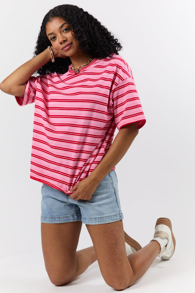 Stylish Pink and Red Oversized Striped T-Shirt for Women - Trendy Striped Tee - Perfect for Casual Outfits and Layering