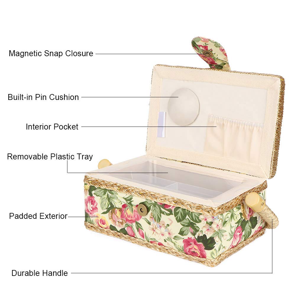 Portable Sewing Basket for Buttons, Scissors & Thread - Household Sewing Kit with Storage Organizer (Pastoral Rose Design) - Perfect for Home, Travel & Craft Projects