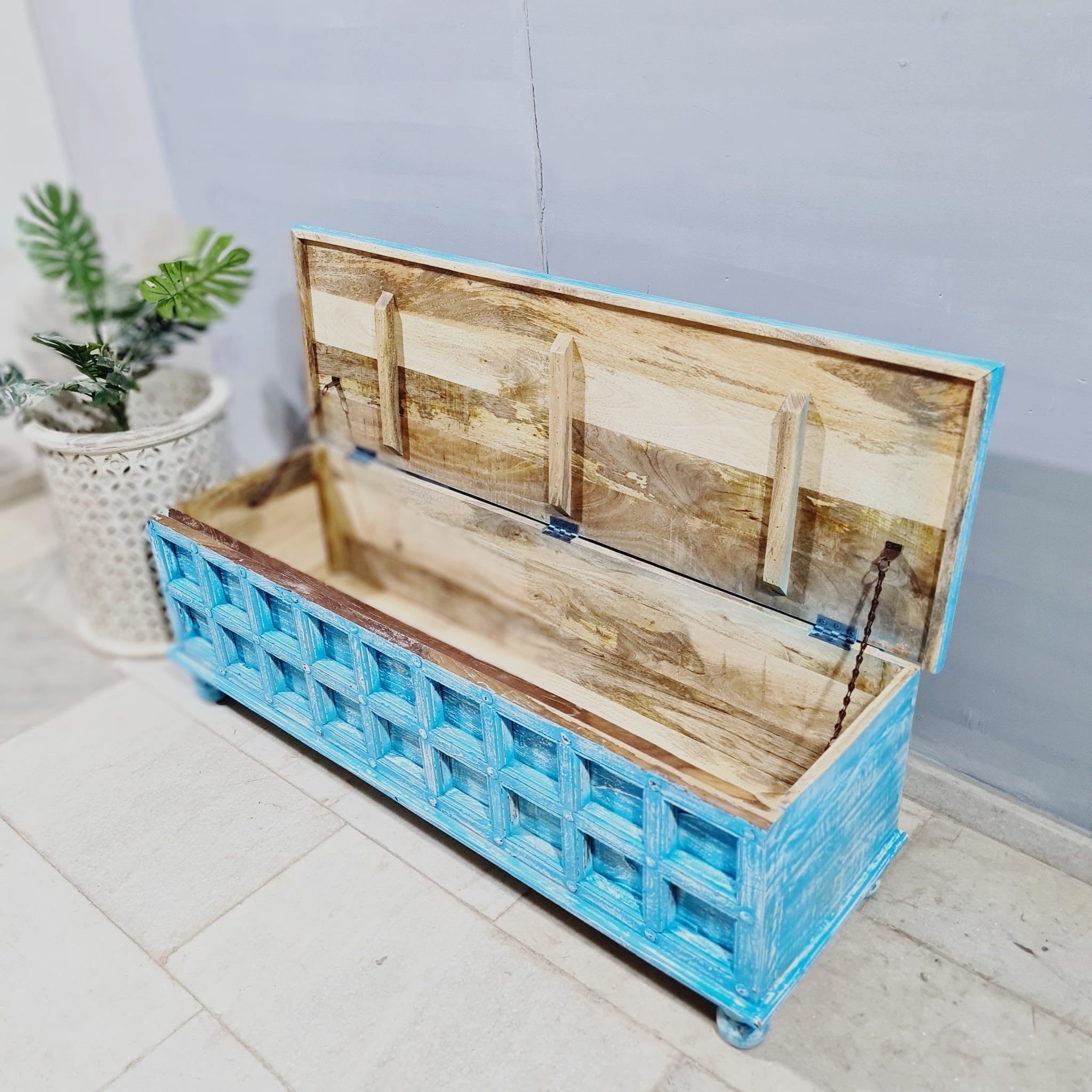 Handmade Carved Indian Solid Hardwood Blanket Chest - Rustic Blue Storage Box 55