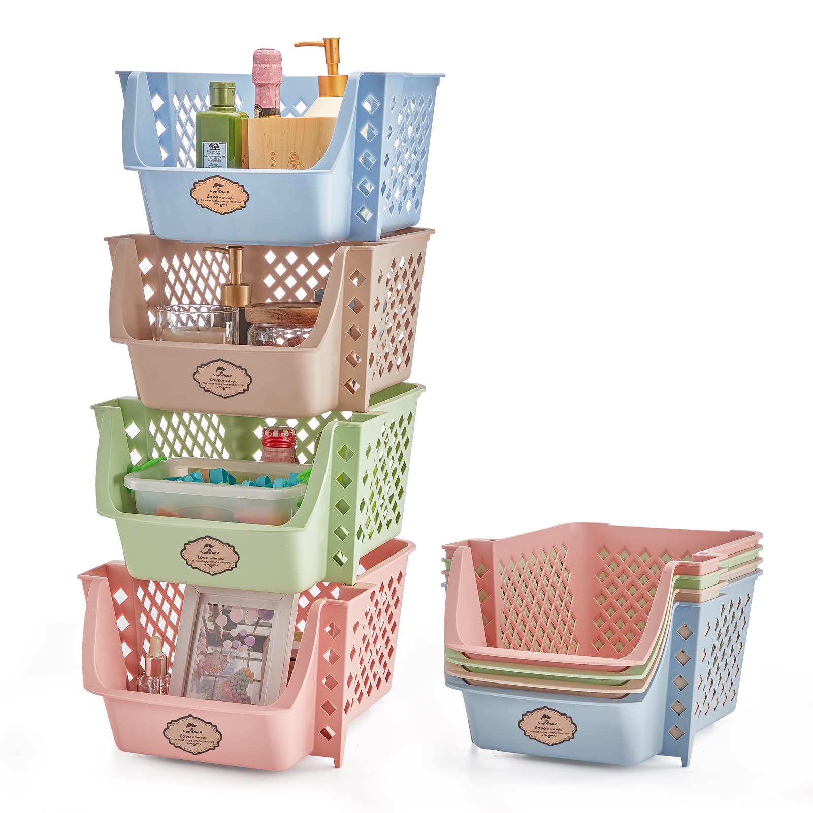 Titan Mall 4-Pack Stackable Plastic Storage Bins - Organizer for Food, Snacks, Bottles & Toiletries - Blue, Green, Pink & Khaki Stacking Baskets (Made in USA) - Perfect for Pantry, Kitchen, Bathroom & Closet Organization