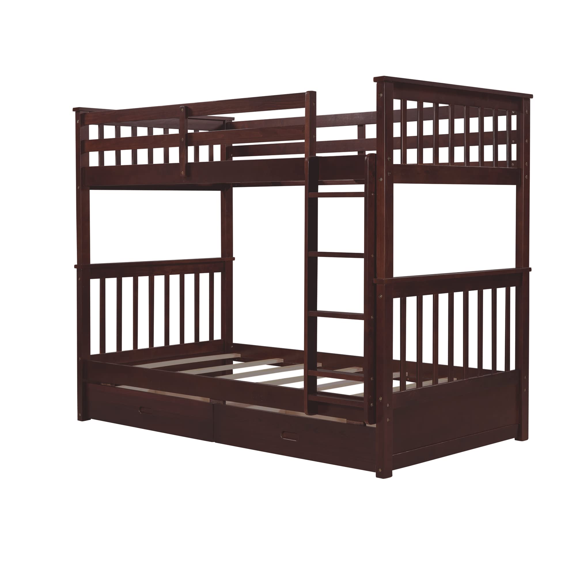 P PURLOVE Twin Over Twin Bunk Bed with 2 Storage Drawers - Solid Wood Bunk Bed Frame with Ladder, Converts to 2 Separate Twin Beds - No Box Spring Needed - Perfect for Kids, Teens, Boys & Girls Bedrooms (Espresso Finish) | Space-Saving Solution for Small Rooms, Dorms, Vacation Homes & Shared Kids' Rooms