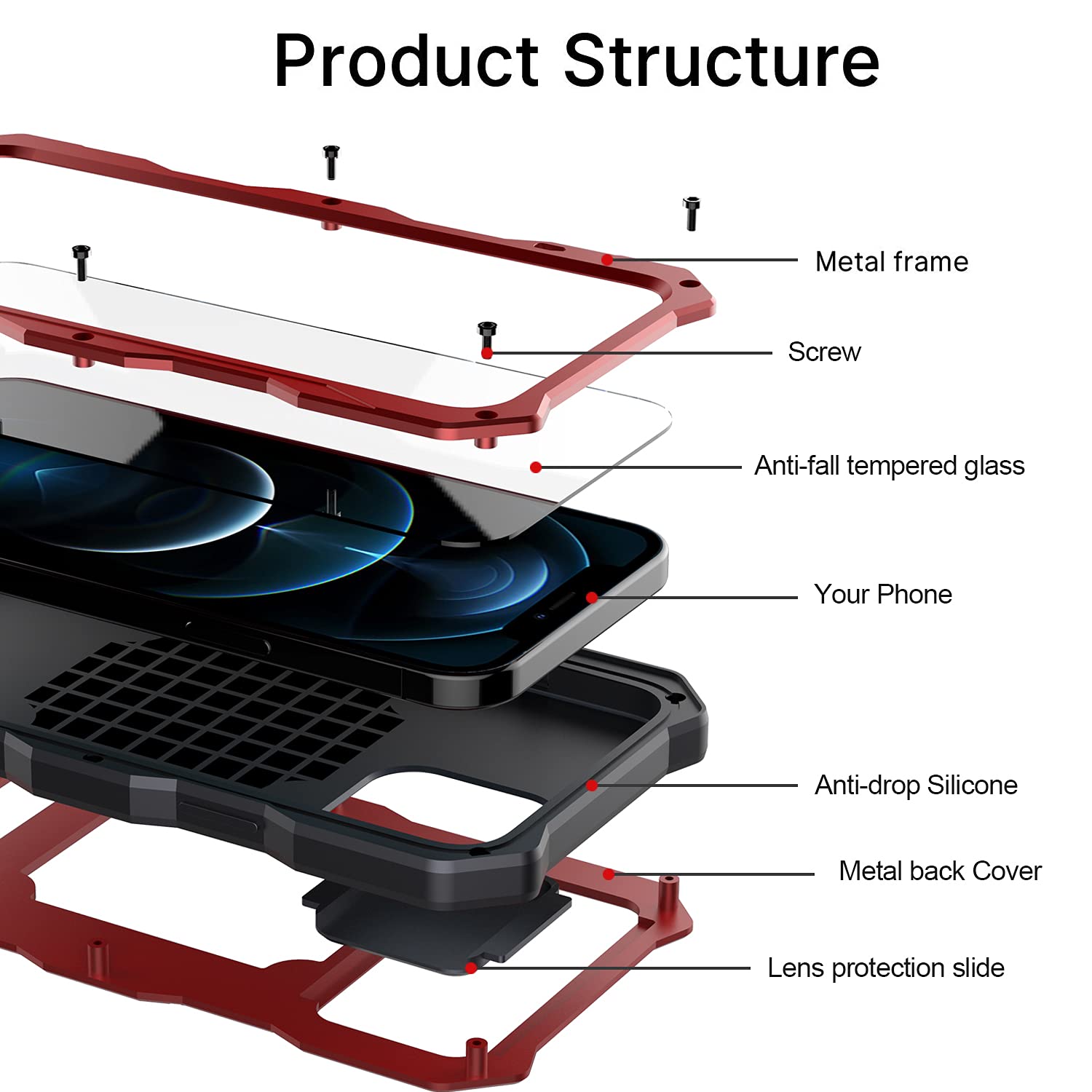 iPhone 12 Pro Max Heavy Duty Rugged Case with Camera Protector & Stand | Military-Grade Metal Silicone Full Cover | Includes Screen Protector & Slide Camera Cover | Perfect for Outdoor Activities, Travel & Extreme Sports (Red)