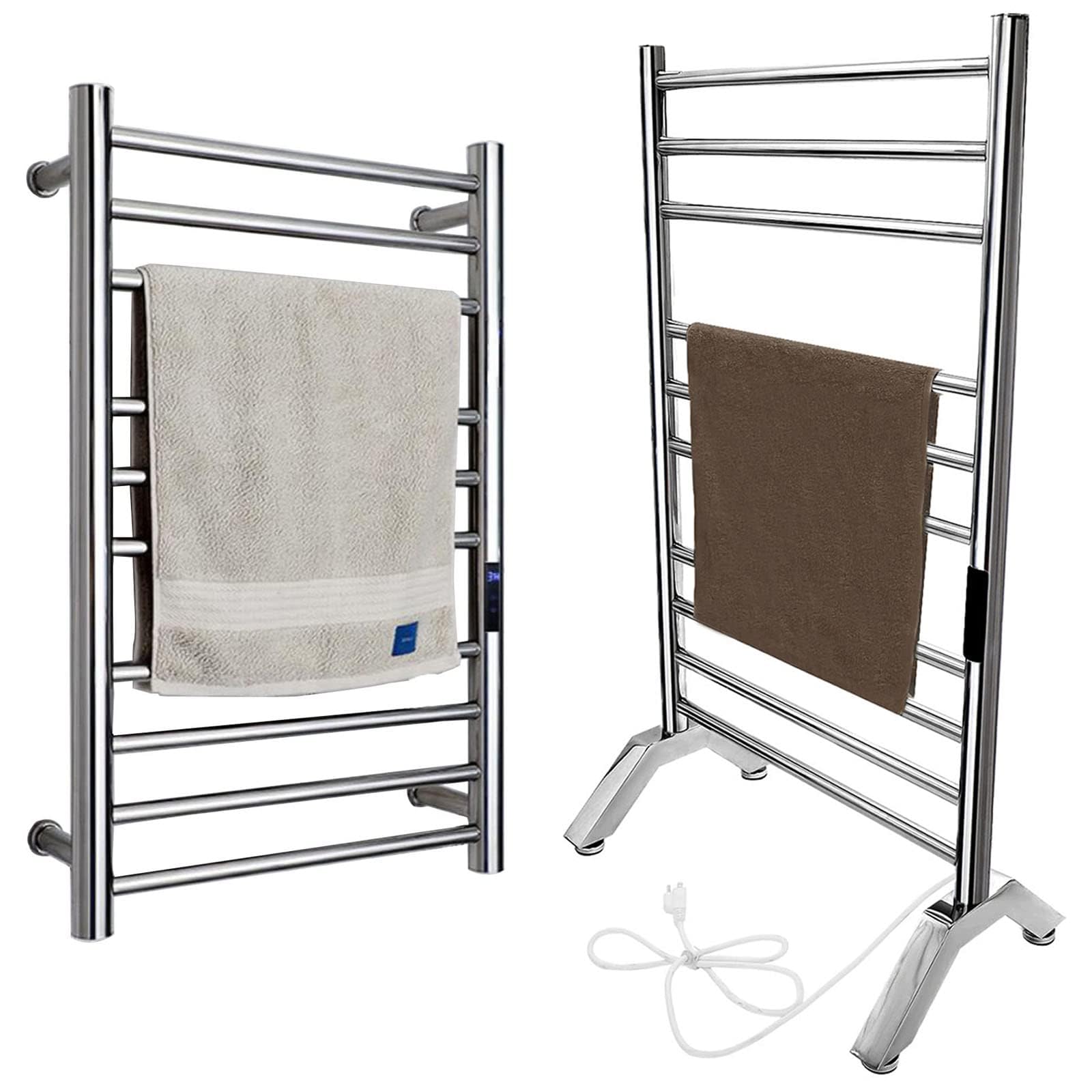 Premium 10-Bar Heated Towel Warmer - 304 Stainless Steel Electric Towel Rack with Built-in Timer | Free Standing & Wall Mounted Bathroom Towel Heater (Plug-in, Silver) | Perfect for Spa-Like Luxury, Cold Mornings & Cozy Bathroom Comfort