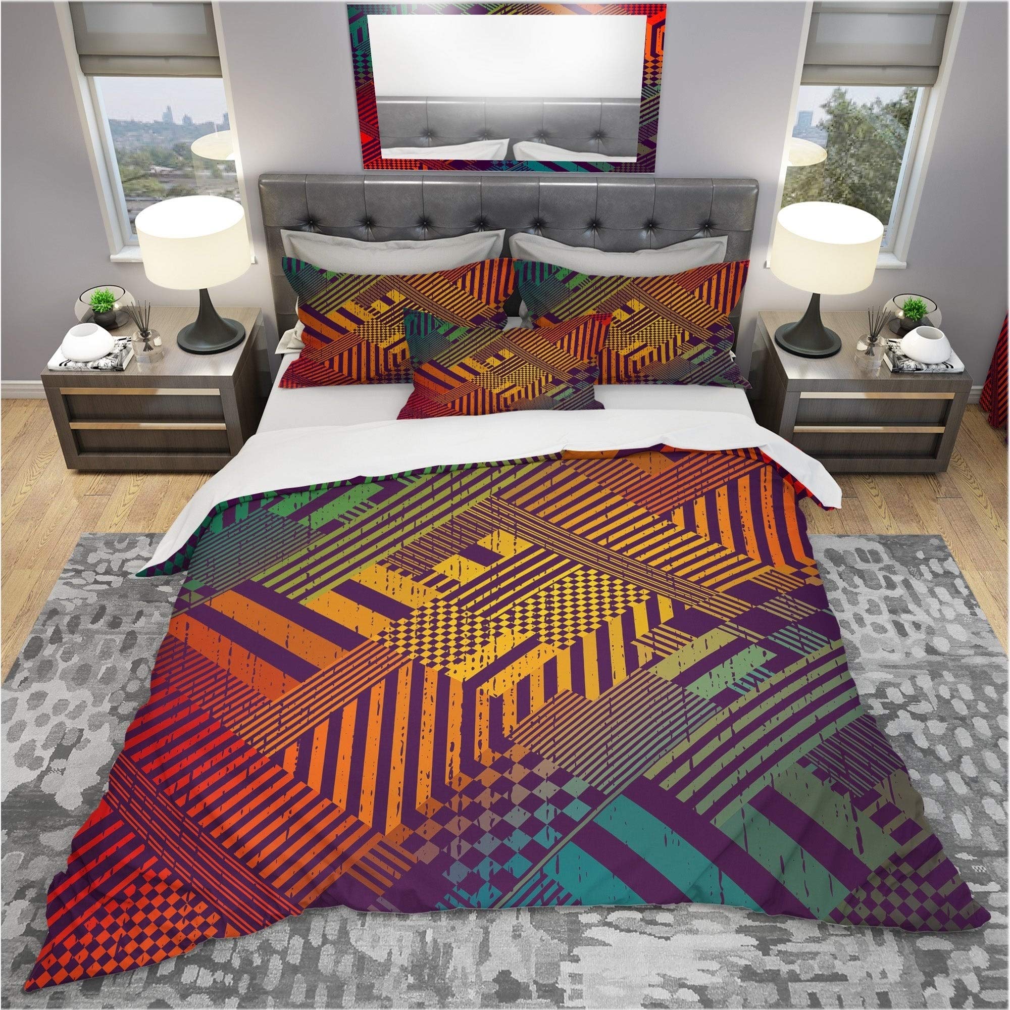 Designart 'Grungy Geometric Abstract in Green, Yellow and Blue' Modern & Contemporary King Size Bedding Set - Duvet Cover & 2 Shams for Stylish Home Decor, Perfect for Master Bedroom or Guest Room