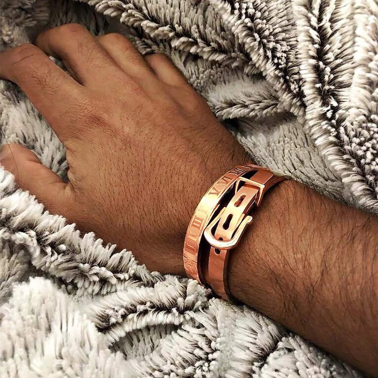 Jaline Stainless Steel Roman Numeral Bangle Bracelet Set - Gold, Silver & Rose Gold Plated Unisex Jewelry for Men & Women - Personalized Engraved Gift (2PC Rose Gold) - Perfect for Anniversaries, Weddings & Special Occasions